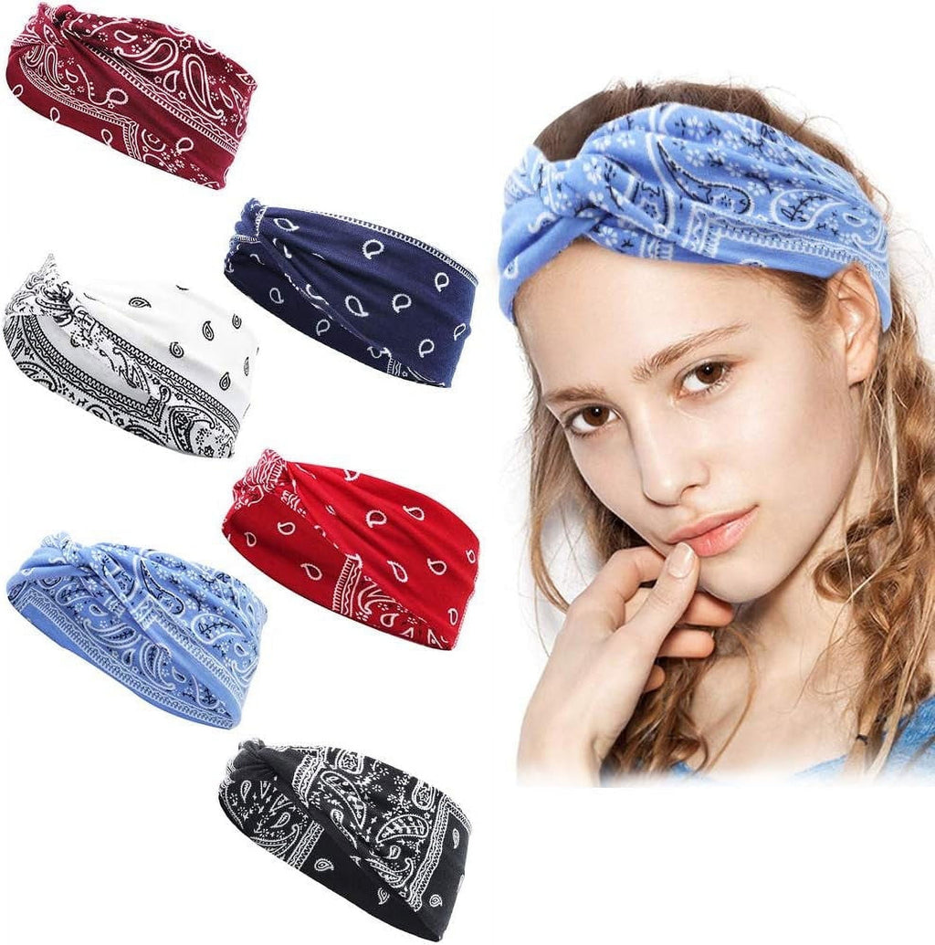 6Pcs - Bandana Headband for Women, Elastic Cotton Turban Wide Hair Band Head Scarf Hair Wrap, Ladies Stretchy Head ba...