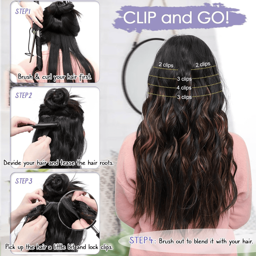 22 Inch Clip-In Hair Extensions - 5-Piece Wavy Synthetic Hair Set, Natural Black for Women, Heat Resistant Fibers - Image 3