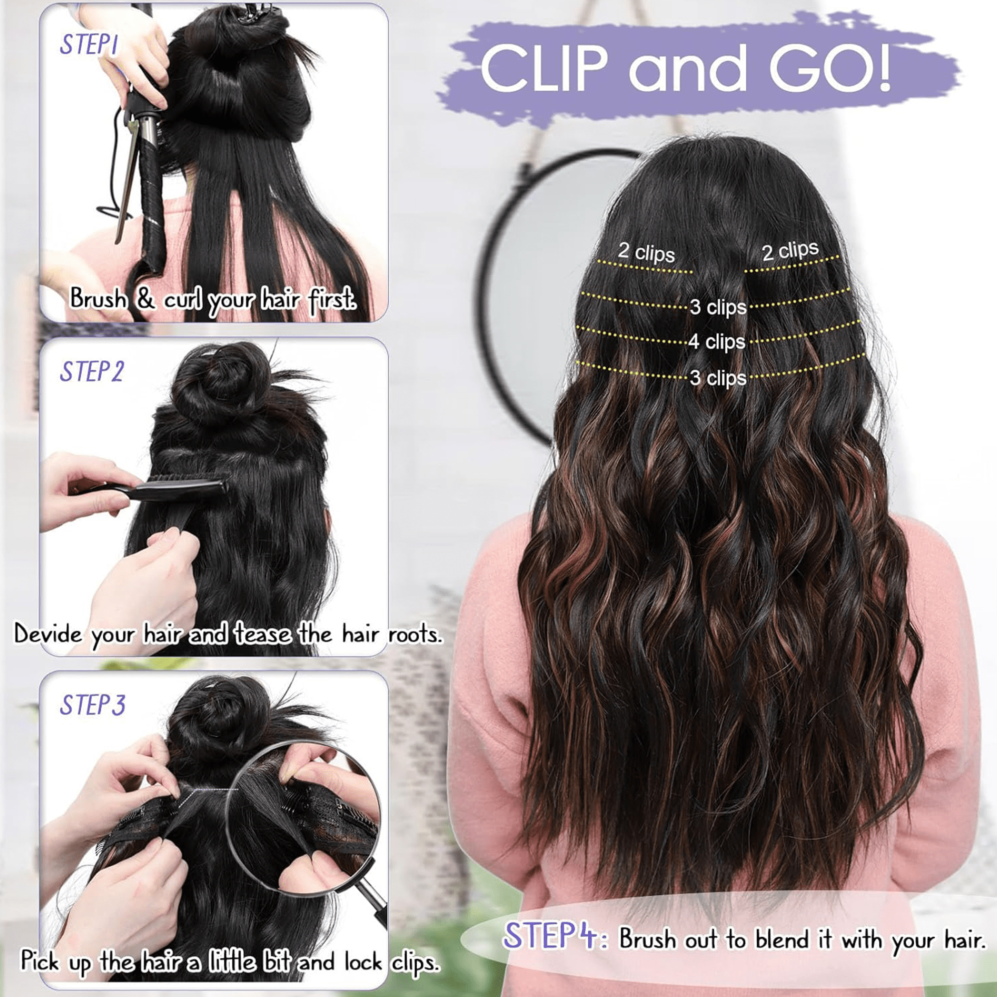 22 Inch Clip-In Hair Extensions - 5-Piece Wavy Synthetic Hair Set, Natural Black for Women, Heat Resistant Fibers - Image 3