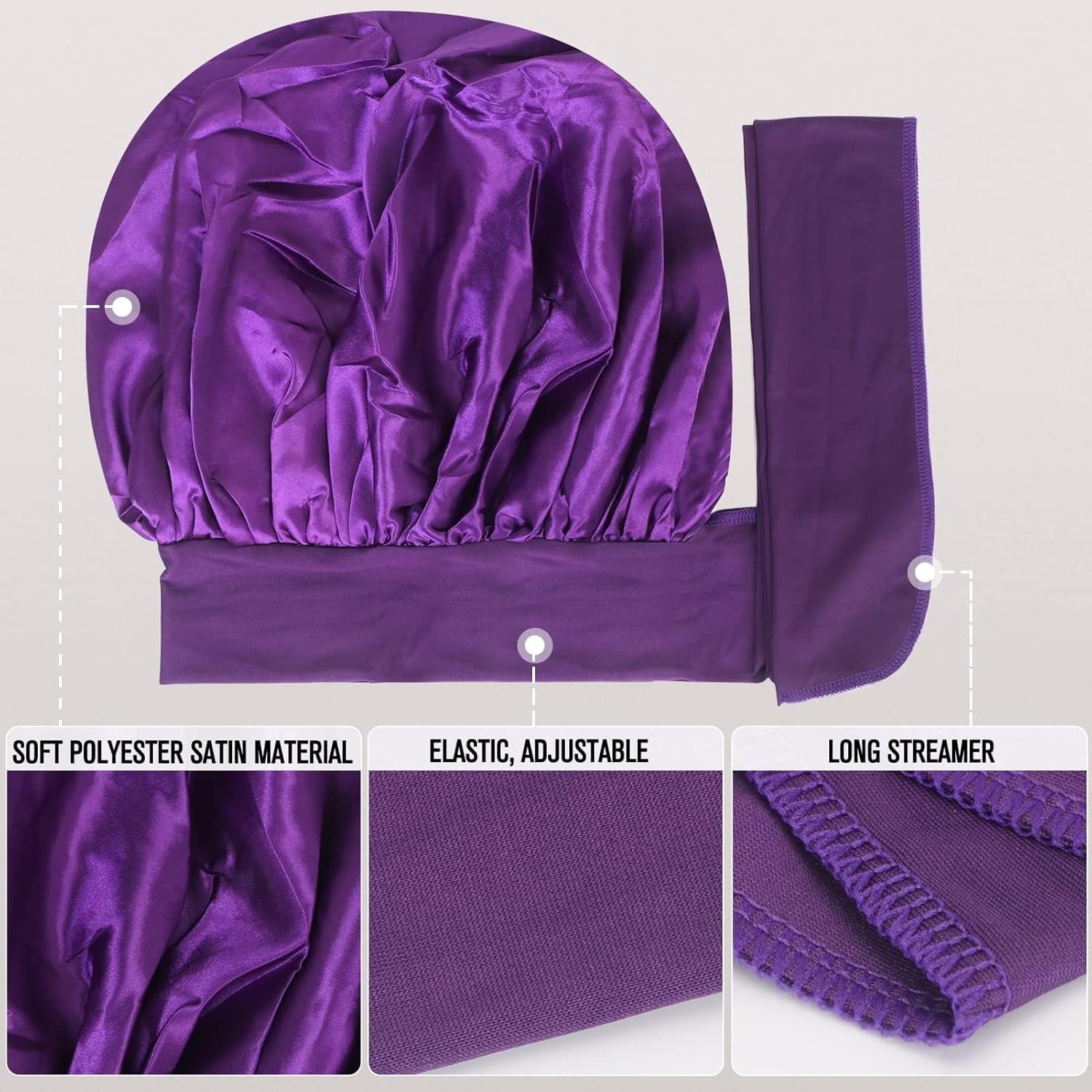 3 Pack Satin Sleeping Bet, Silk Bet for Sleeping Women,Large Satin Sleep Bet with Long Strap, Adjustable Sleep Cap Ha... - Image 6