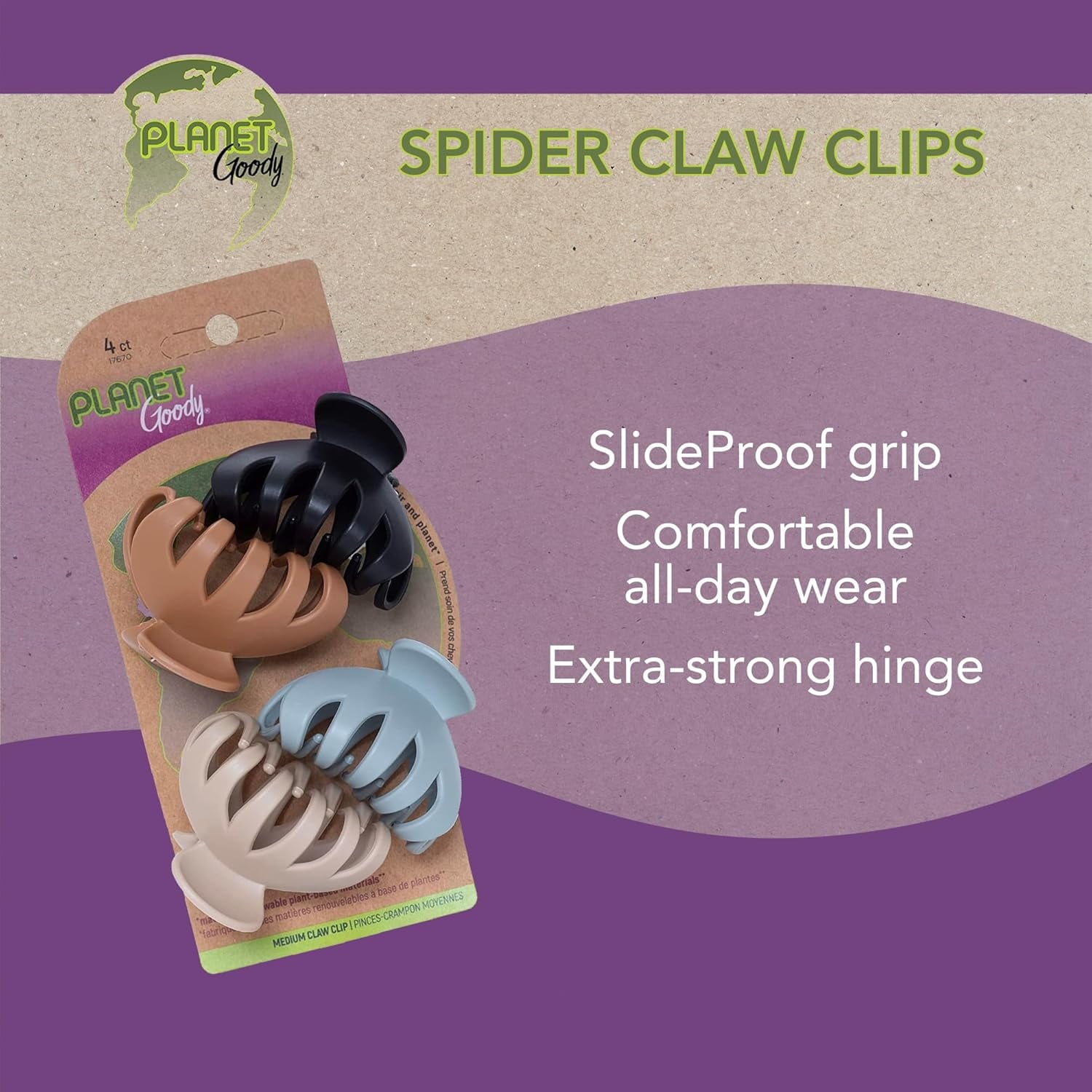 Planet Goody SlideProof Spider Claw Hair Clips, Secure Grip Claws, All Hair Types, 4 Ct - Image 2