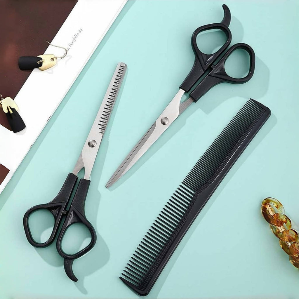 Hair Cutting Scissors Set 3pcs (Straight+Thinning+Comb) Stainless Steel Home Grooming - Image 3