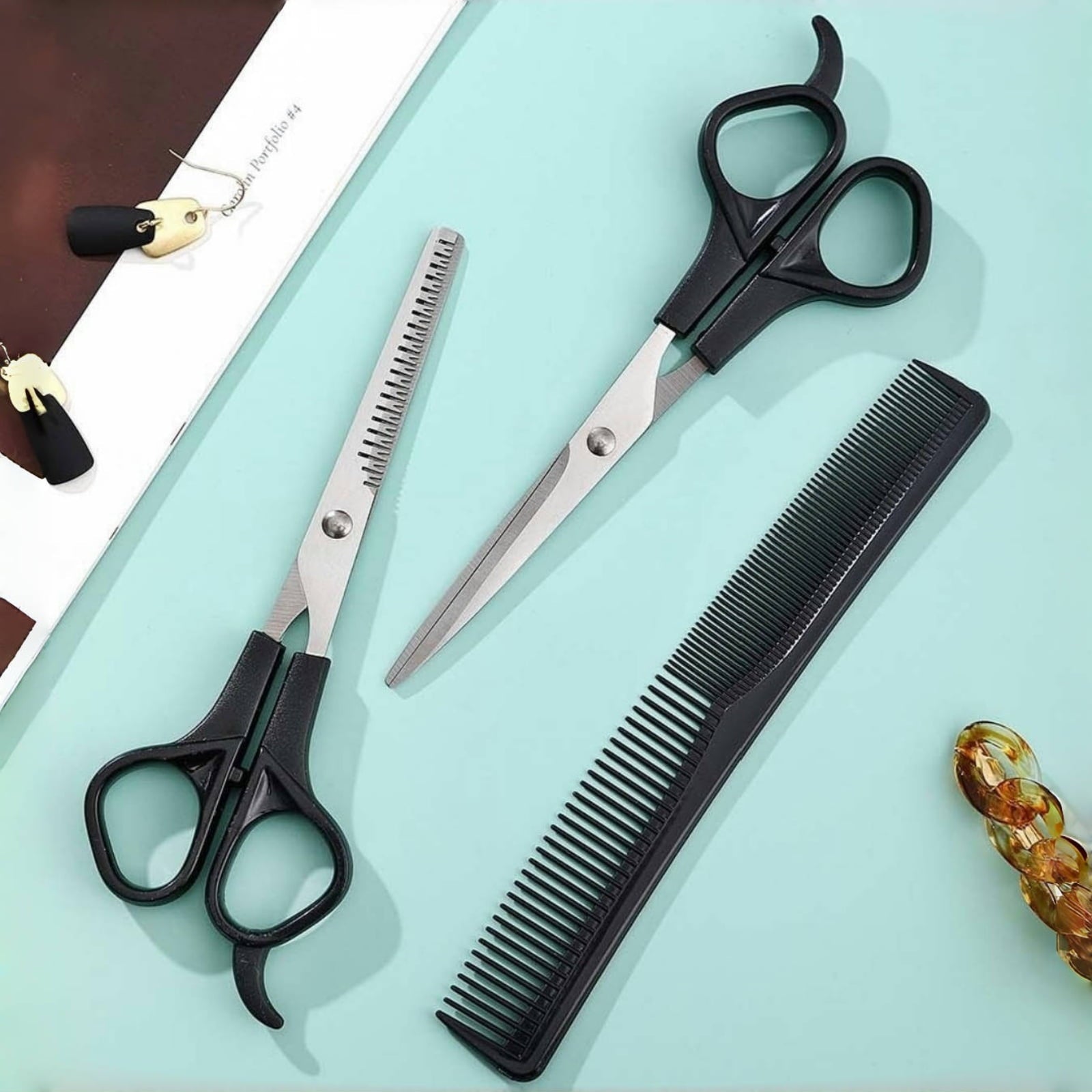 Hair Cutting Scissors Set 3pcs (Straight+Thinning+Comb) Stainless Steel Home Grooming - Image 3