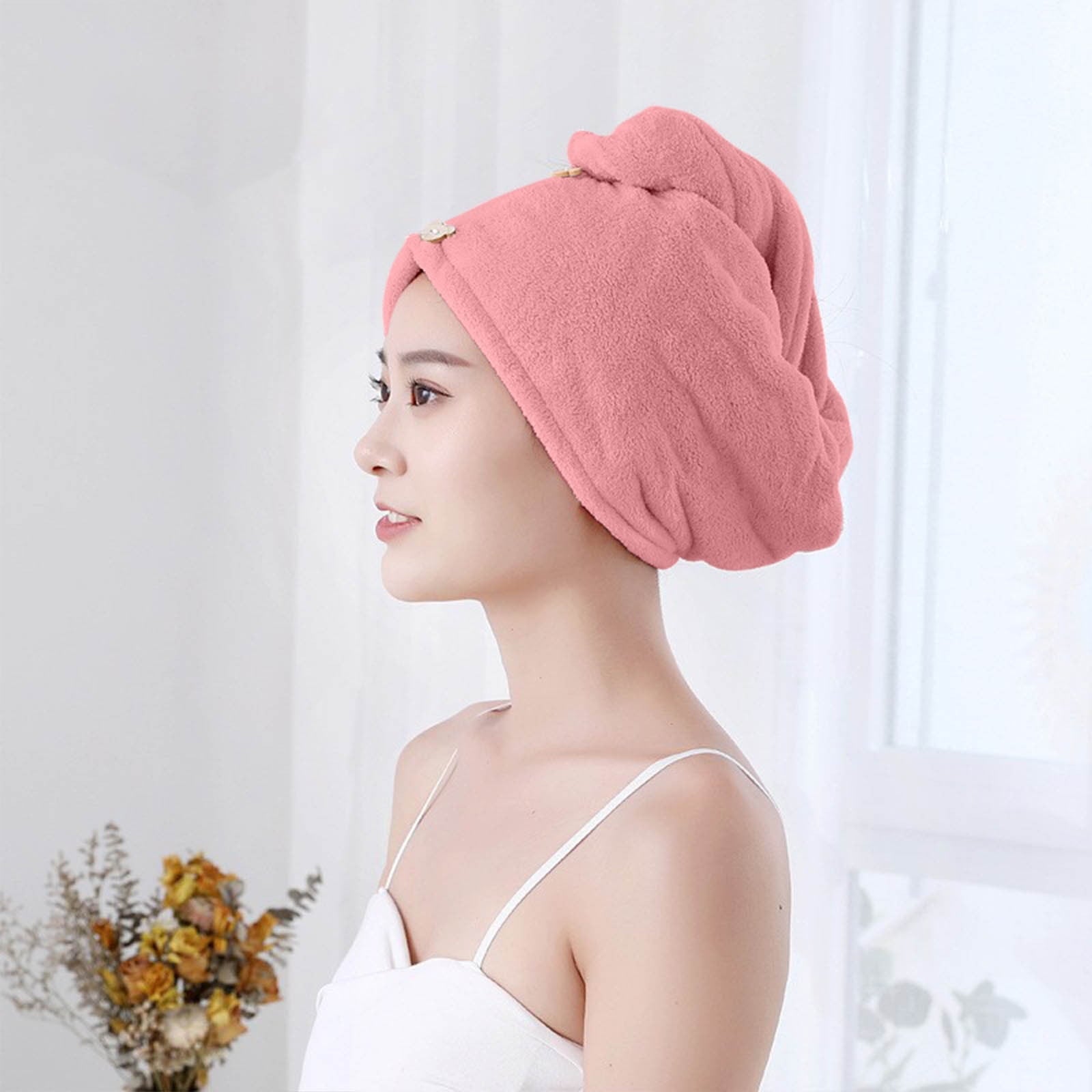 Towel Wrap, Turban with Button, Head Towel for Curly Wet Drying for Women, Quick Dry Bath & Shower Towel(Pink) - Image 2