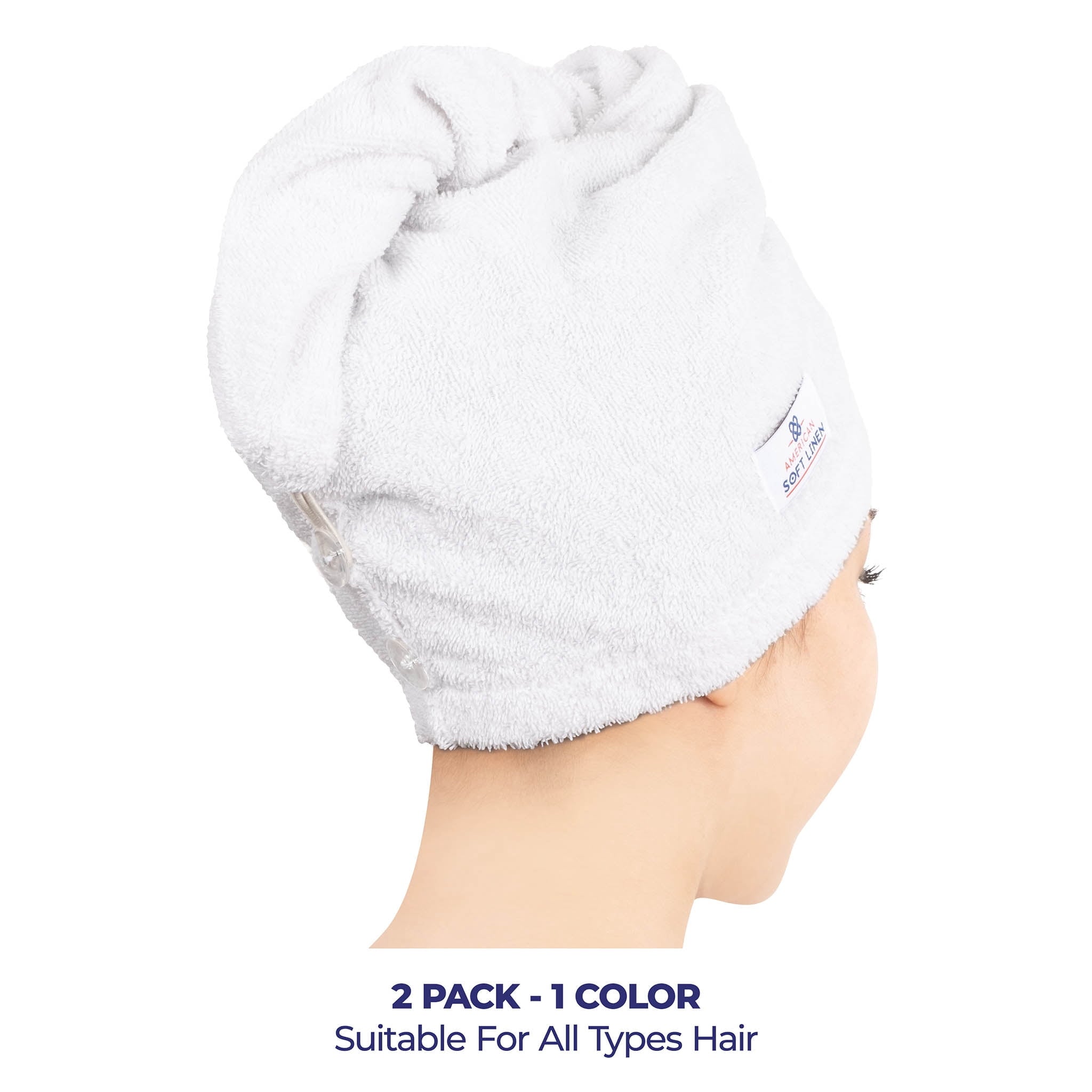 100% Cotton Turkish Hair Drying Towels, 2 Piece Quick Drying Hair Turban Towel Wrap, White - Image 2
