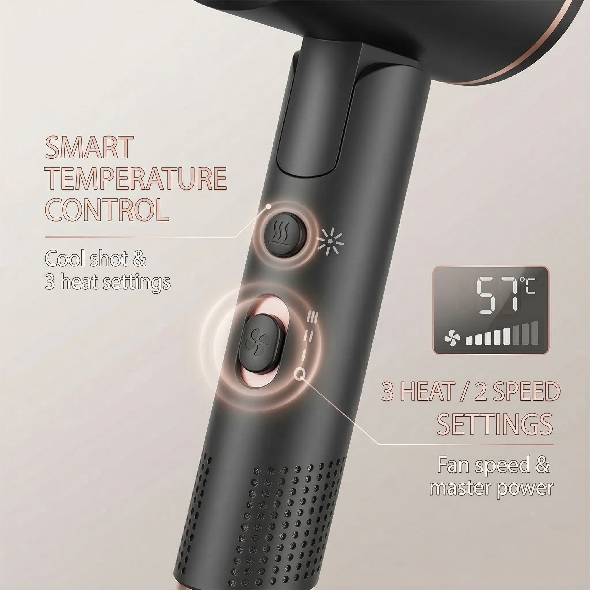 Professional Ionic Hair Dryer, Powerful 1600W & 3 Heat Settings Fast Drying Low Noise Blow Dryer with 2 Concentrator Nozzle 1 Diffuser Attac - Image 3