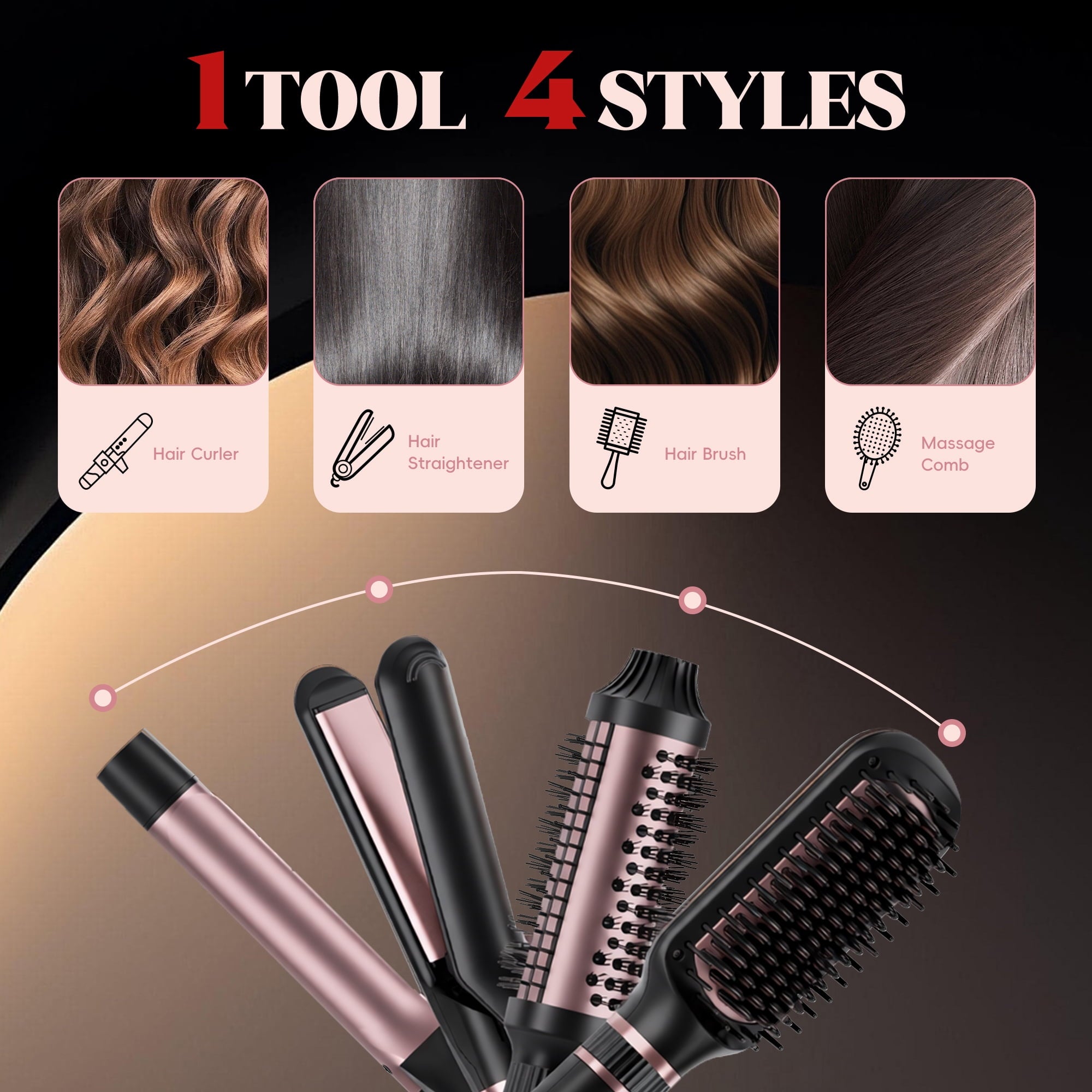 Curling Iron, Hair Curler Wand, Flat Iron, Hair Straightener, Hair Dryer Brush, Round Brush Hair Dryer, Dual Voltage - Image 4