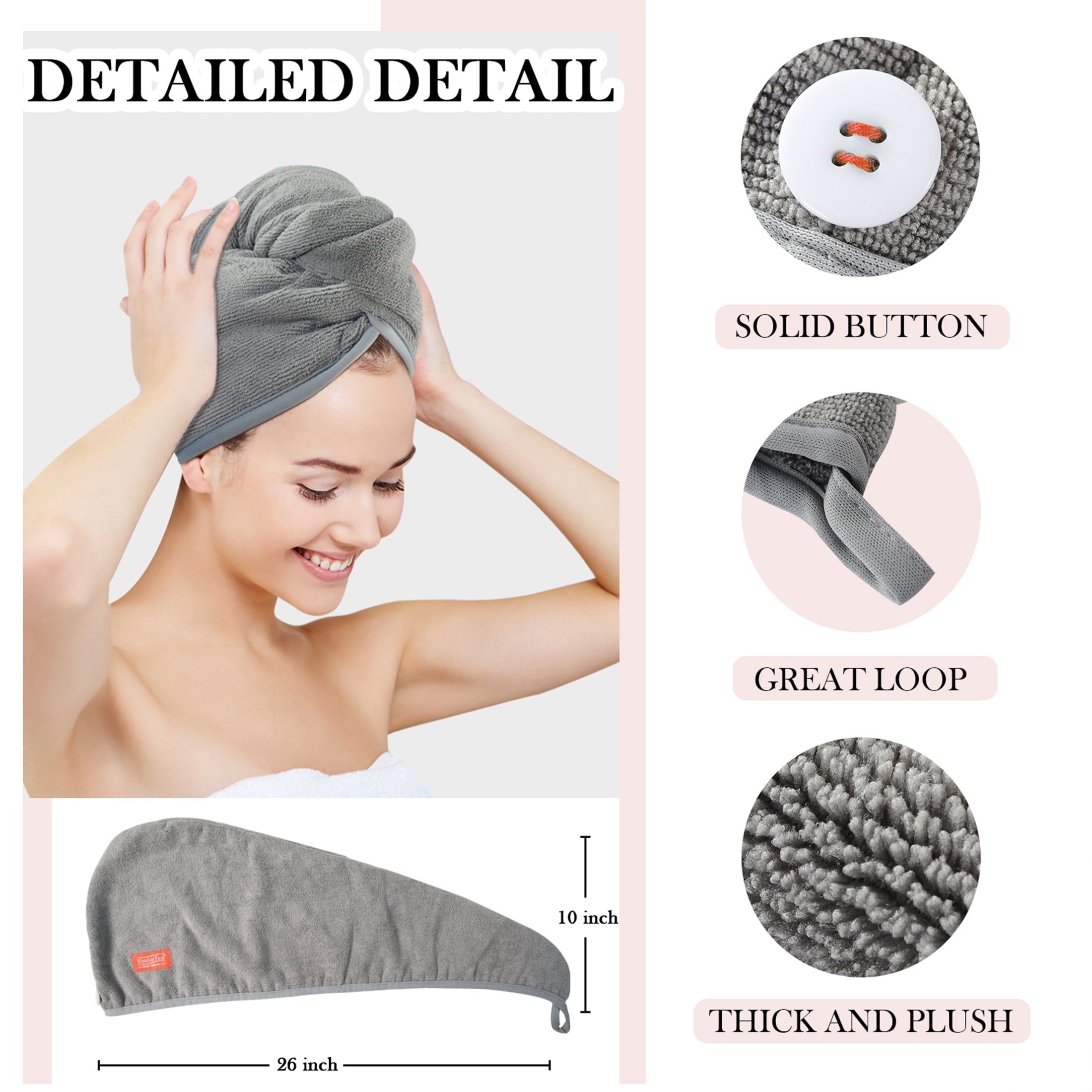Towel Wrap Super Absorbent Quick Drying Curly Long Thick Head (Gray) - Image 6
