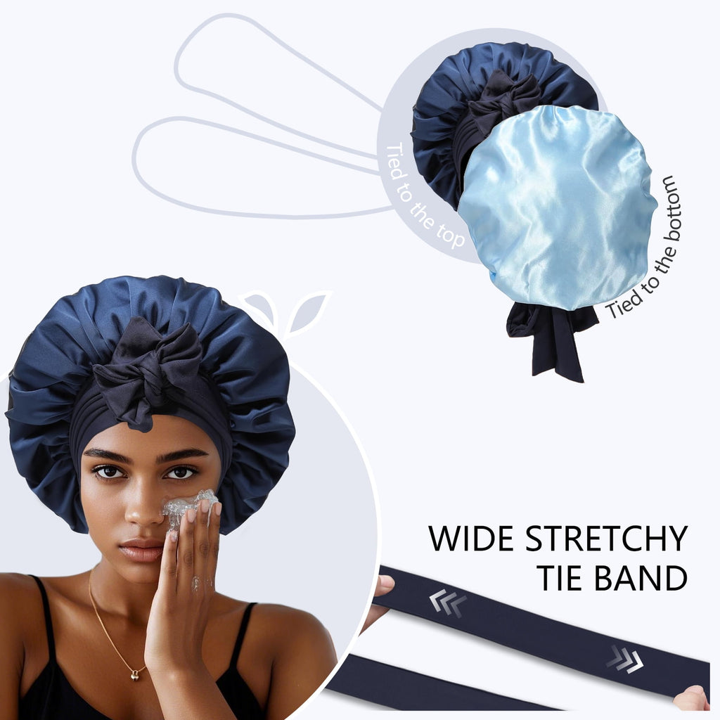 Satin Bonnet Silk Bonnet for Sleeping Silk Sleep Cap Double Layer Hair Bonnet with Elastic Tie Band for Curly Hair Night Cap - Image 3