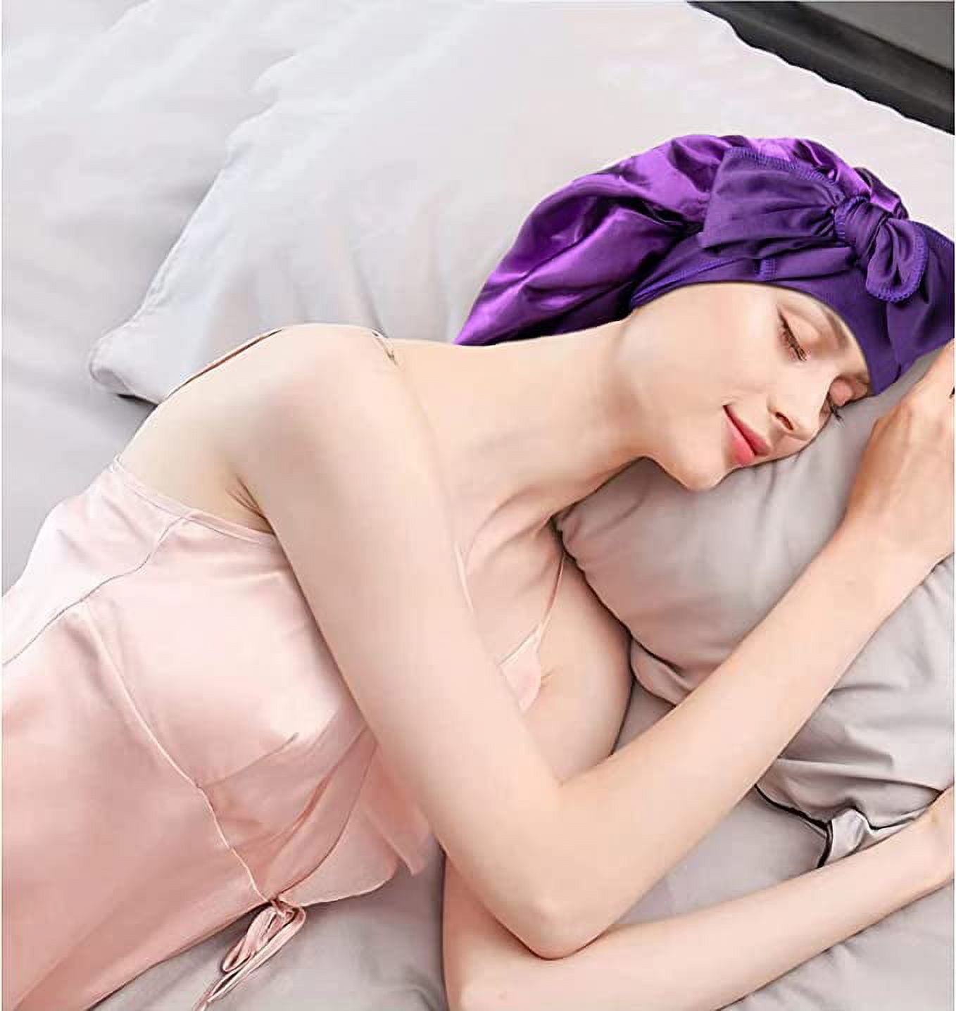 [Pack of 2 Satin Sleeping Bonnet, Large Satin Sleep Bonnet with Long Strap, Adjustable Sleep Cap Hair Bonnet for Women & Men, Black+Purple - Image 3