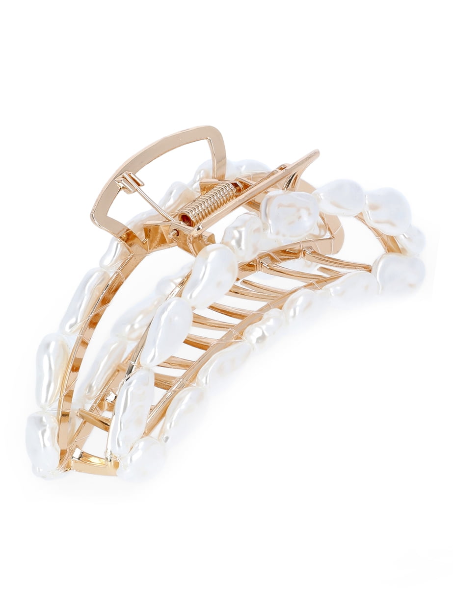 Time and Tru Women's Gold Tone Metal Claw Clip Set with Faux Pearl Embellishments, 3-Piece - Image 2
