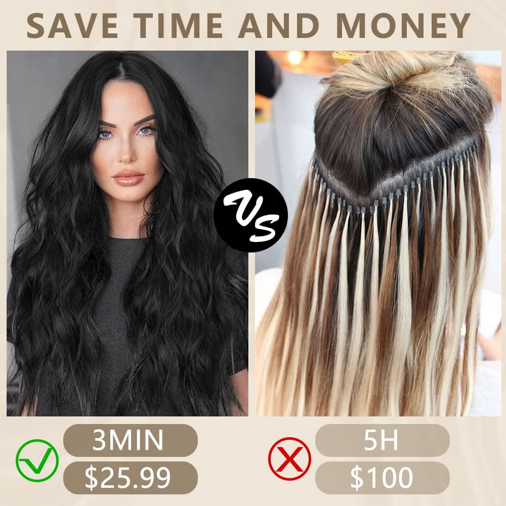 Clip in Long Wavy Synthetic Hair Extension 20 Inch Black 4PCS Thick Hairpieces Fiber Double Weft Hair for Women - Image 3