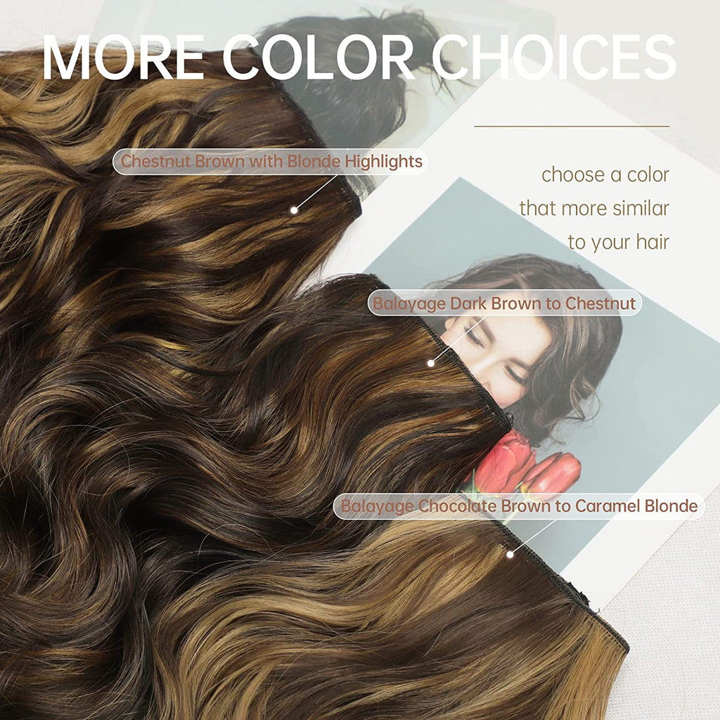 Invisible Wire Hair Extensions with Transparent Headband Adjustable Size 4 Secure Clips Long Wavy Highlight Hairpiece 20 Inch Balayage Choco - Image 6