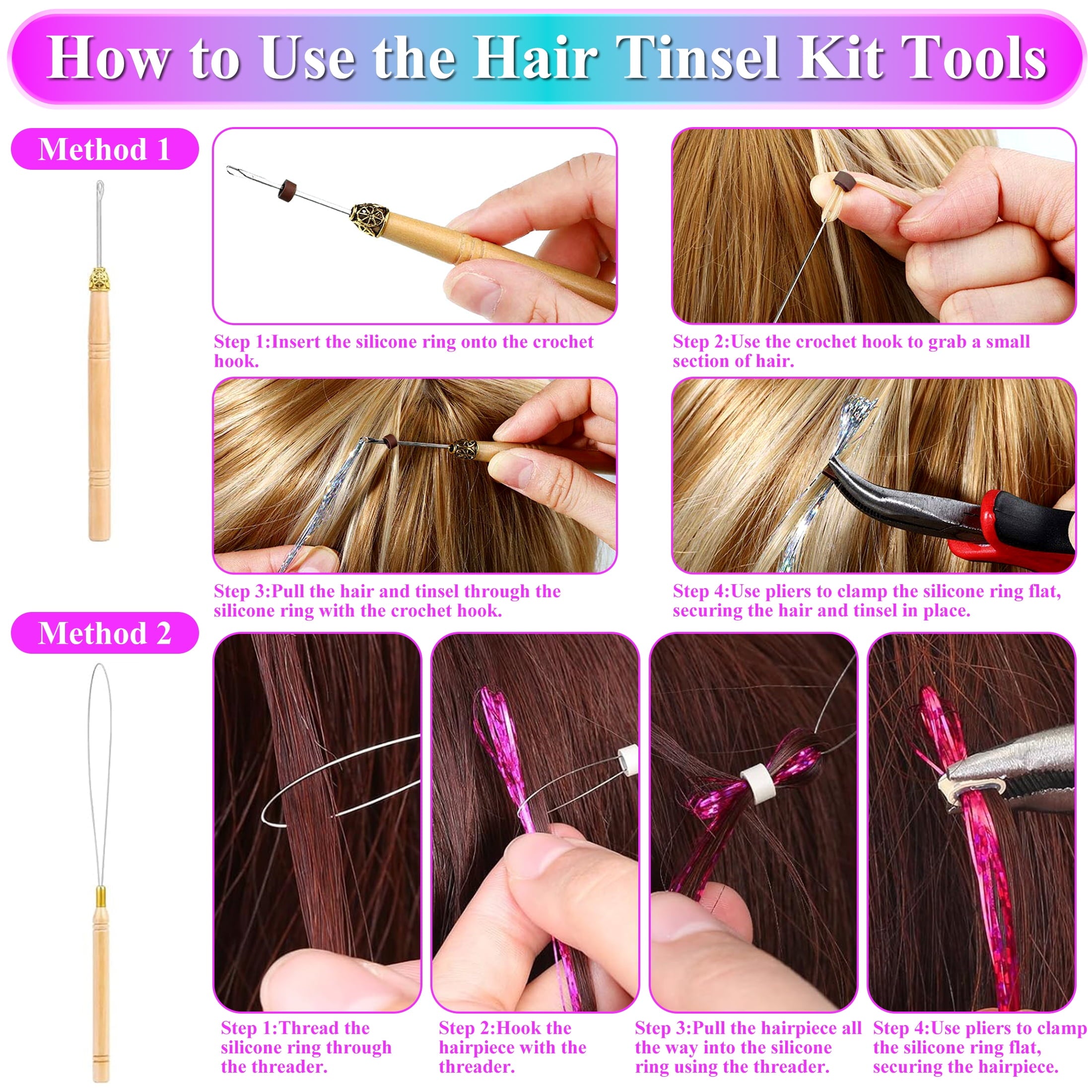 20 Hair Tinsel Kit, 48 Inch 6600 Strands Glitter Fairy Hair Tinsel Extensions with Tools, Heat Resistant Holographic ... - Image 2