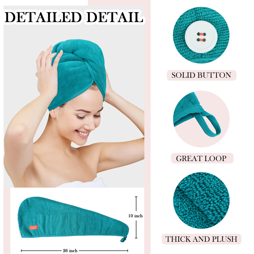 YoulerTex Microfiber Hair Towel Wrap Absorbent for Women Long Hair with Button(Aqua Green) - Image 6