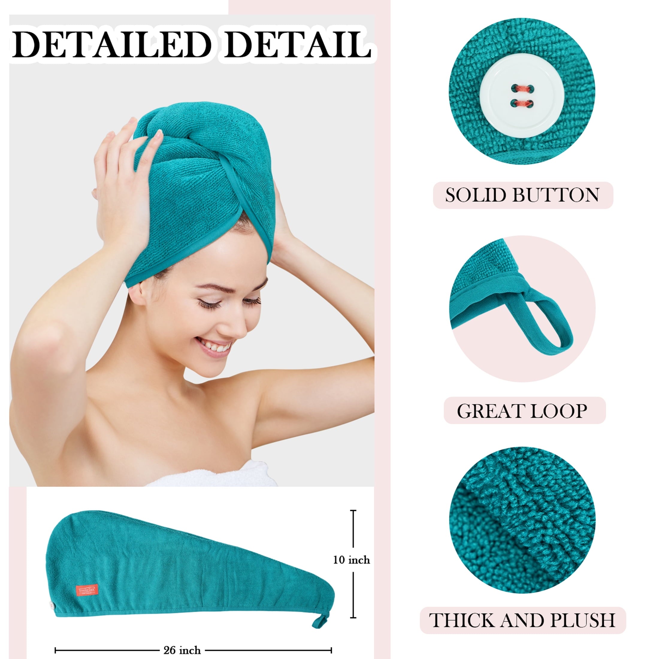 YoulerTex Microfiber Hair Towel Wrap Absorbent for Women Long Hair with Button(Aqua Green) - Image 6