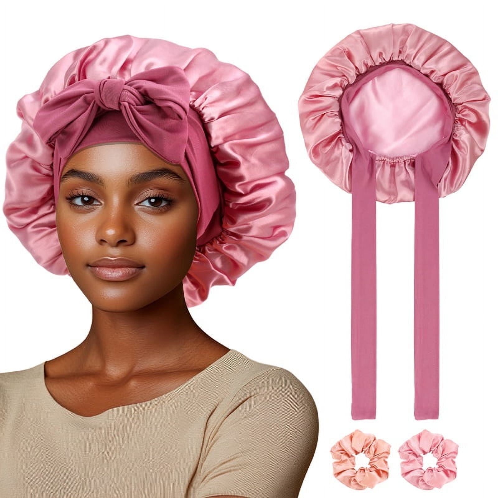 2 Pack Satin Bonnet, Silk Bonnet for Sleeping Women, Silk Sleep Cap Double Layer, Ajustable Hair Bonnet with Tie Band for Women Curly Hair