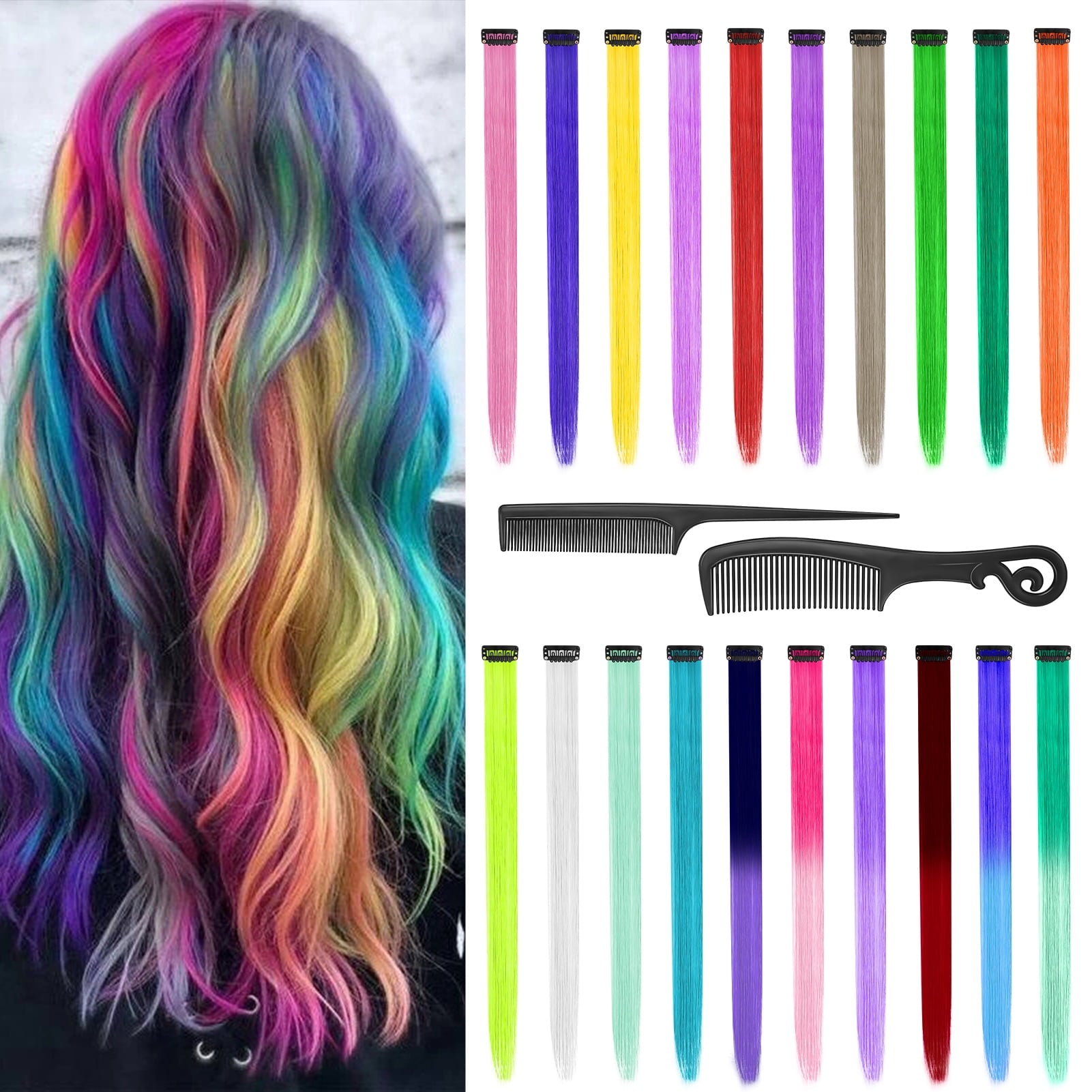 20 Pcs Colored Clip in Hair Extensions, 22 Inch Rainbow Straight Synthetic Hairpieces, Colored Hair Extensions with 2...