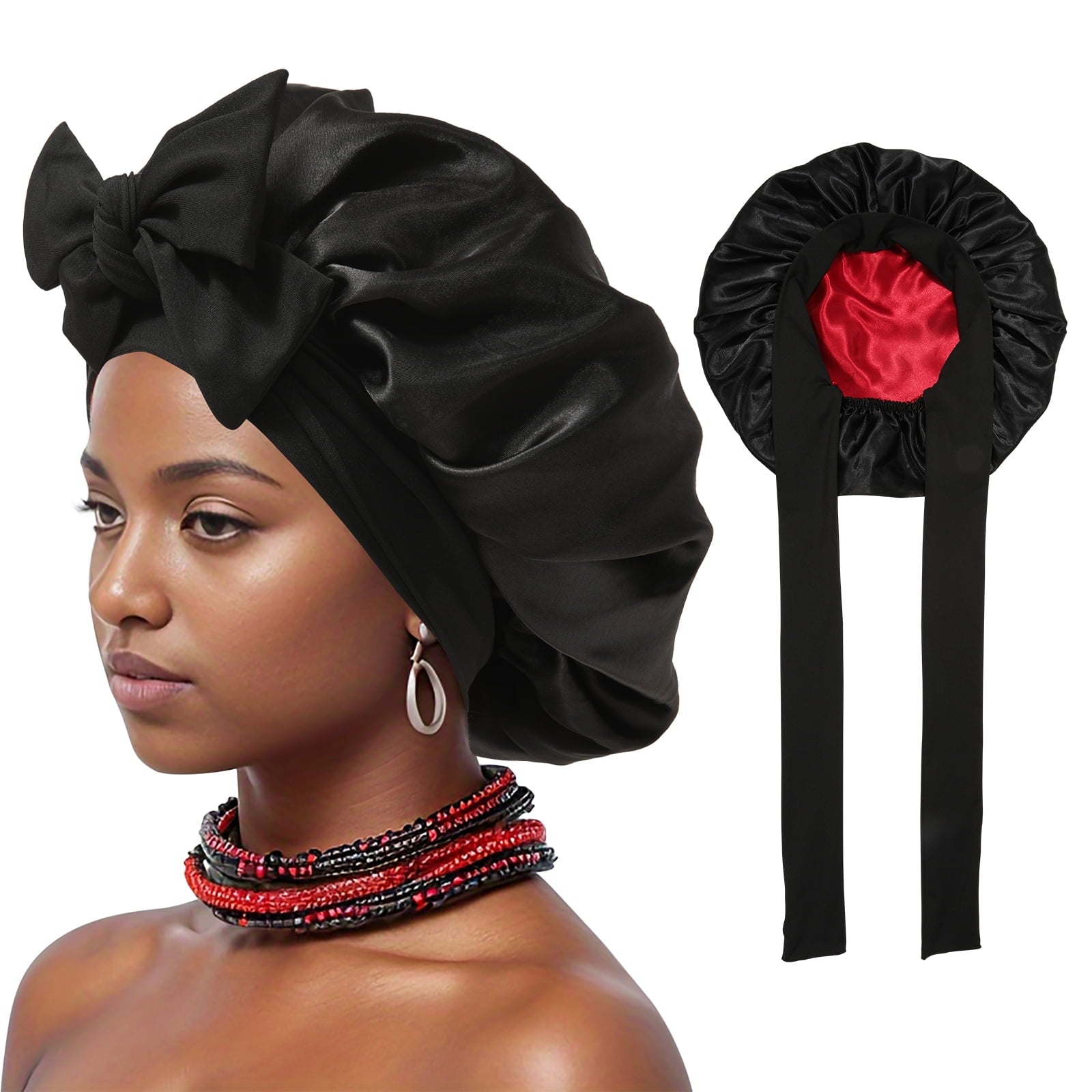 Satin Bonnet Silk Bonnet for Sleeping Silk Sleep Cap Double Layer Hair Bonnet with Elastic Tie Band
