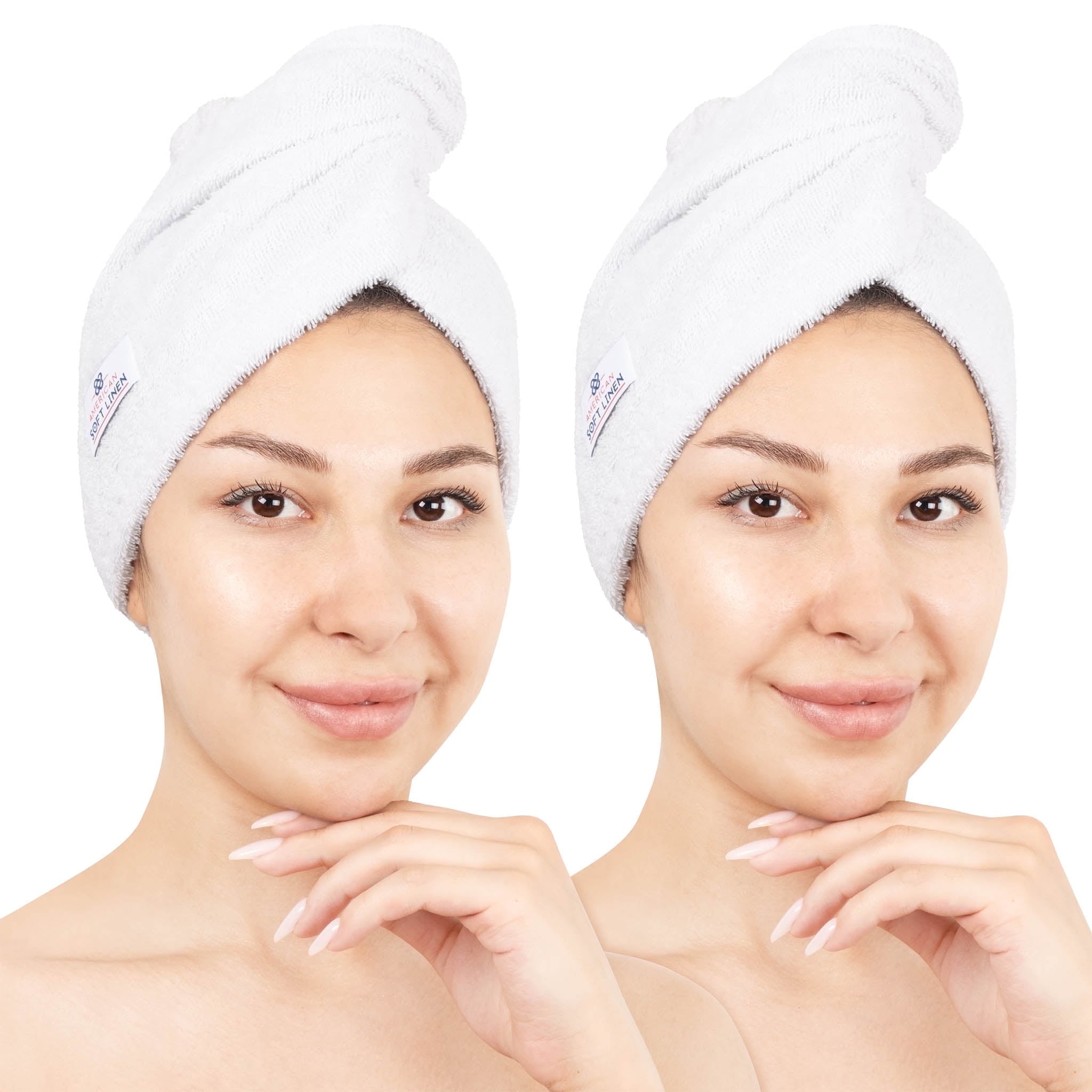 100% Cotton Turkish Hair Drying Towels, 2 Piece Quick Drying Hair Turban Towel Wrap, White