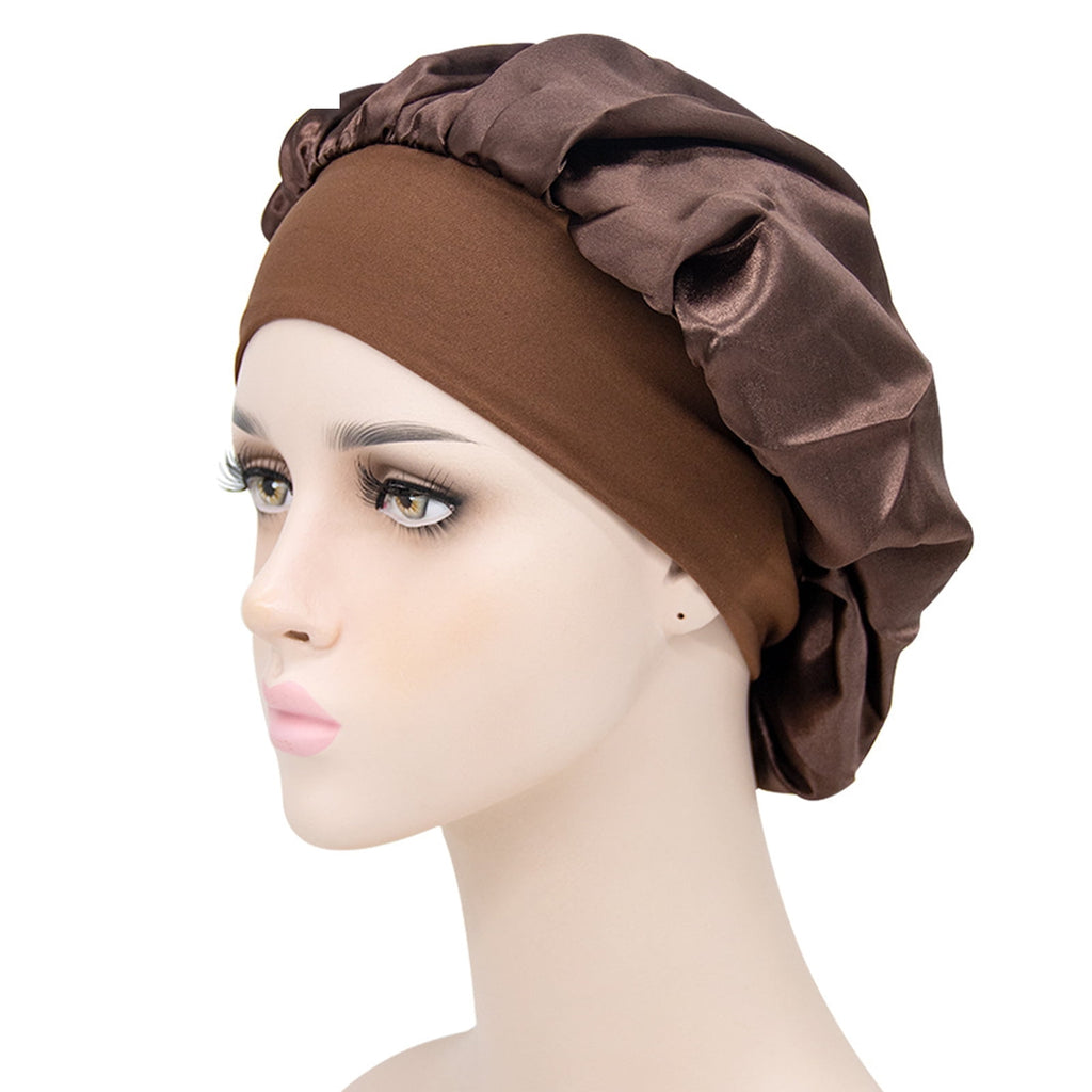 Sleep Hat Wide Headband Elastic Satin Stretchy Hair Bonnet Hat for Woman Brown One Size