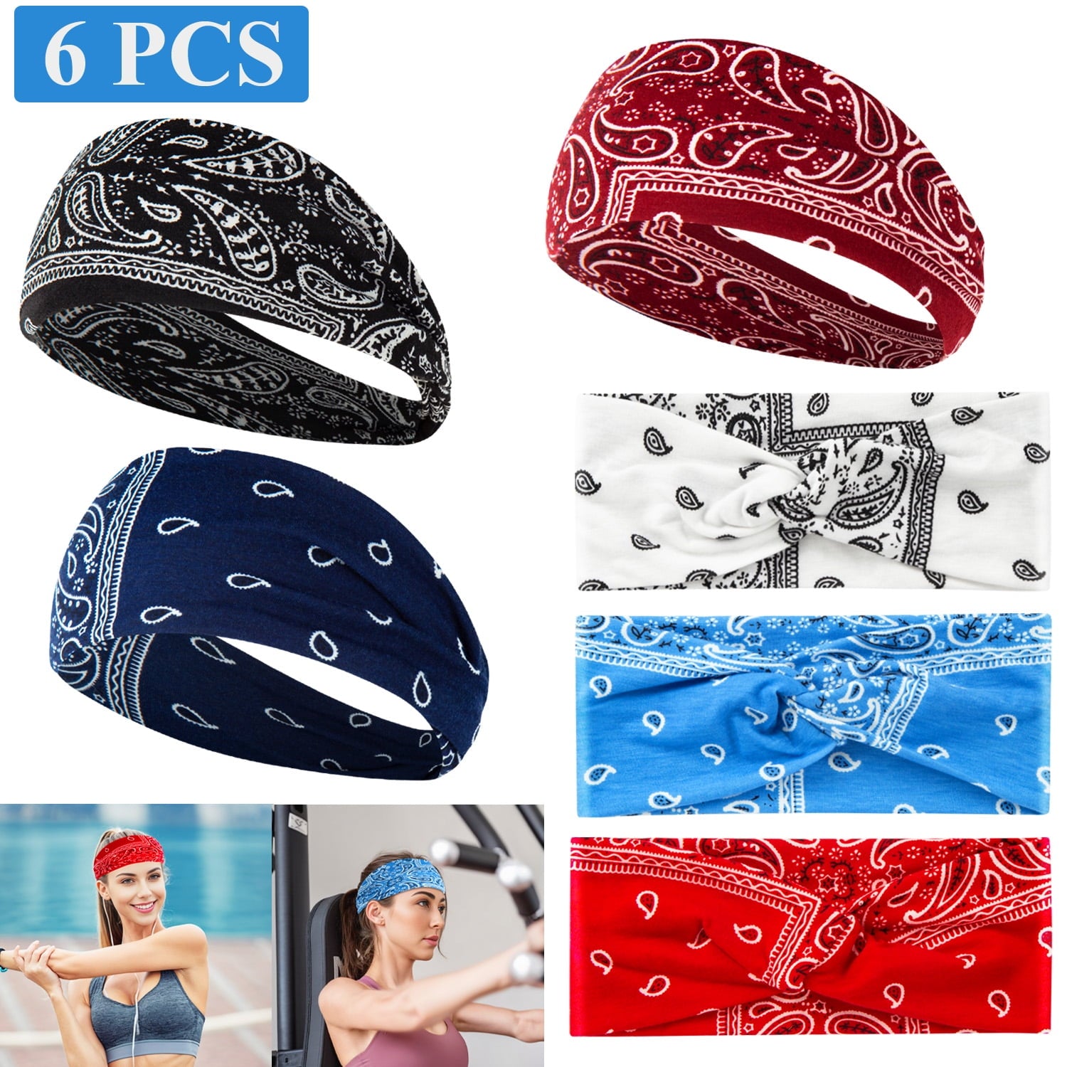 6Pcs Women's Boho Flower Headbands Elastic Hair Bands Knotted Head Wraps Turbans for Yoga Sport Workout Makeup
