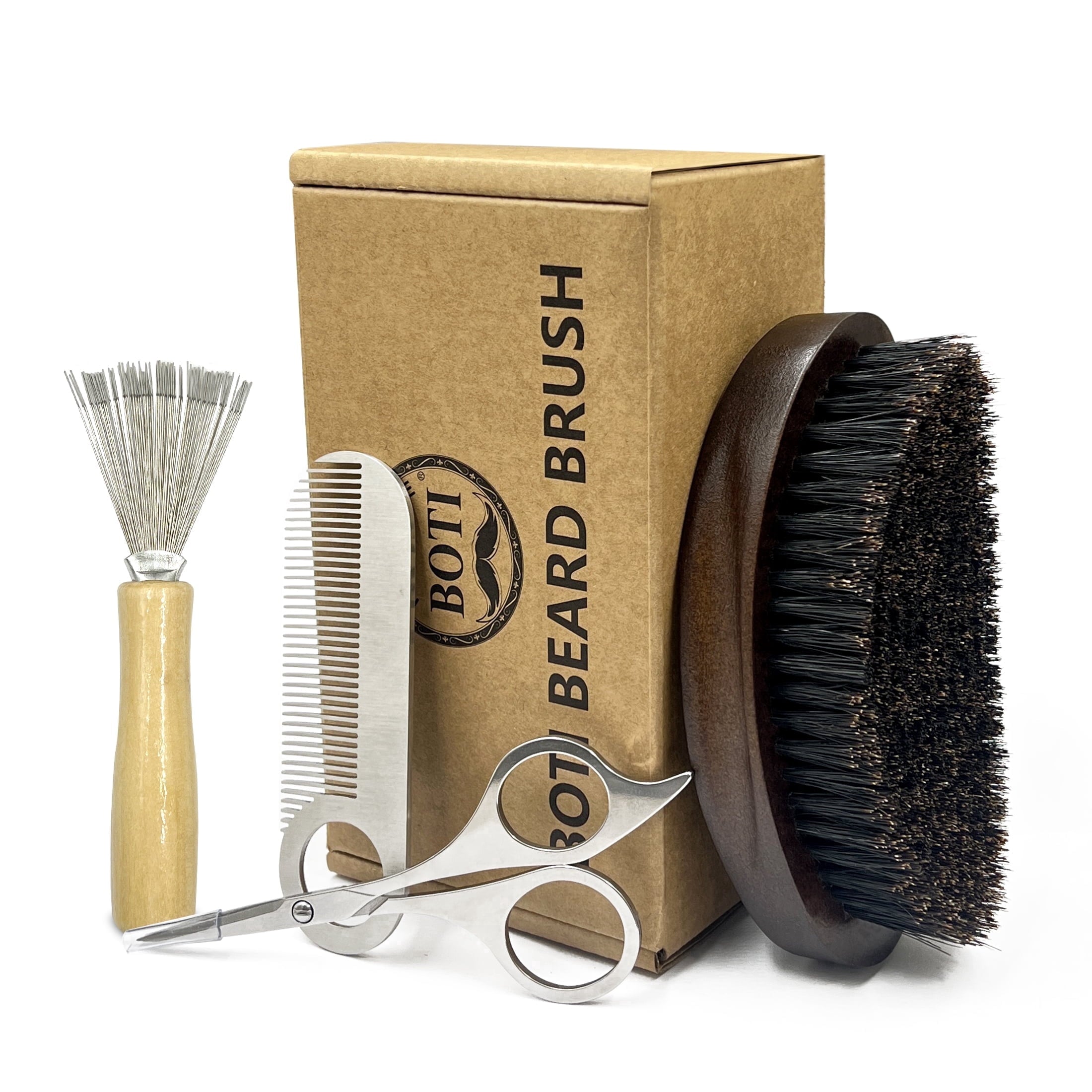 BOTI Beard Brush, Natural Boar Bristles Beard Brush for Men and Wooden Pocket Beard Comb Set, Facial Hair Grooming Kit with Mustache Scissor