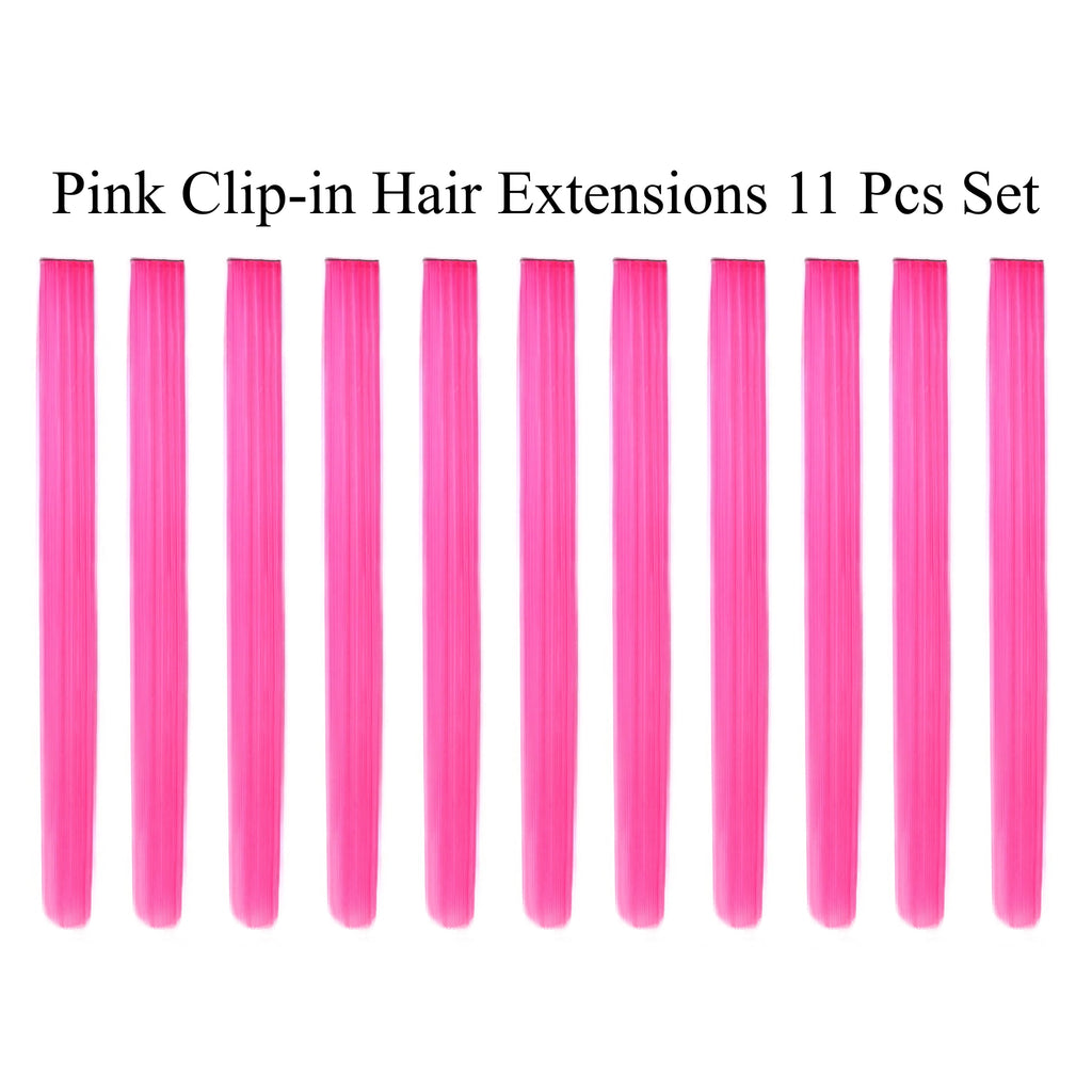 Beaute Galleria Single Color 21 inches Long Straight Party Highlights Clip In Synthetic Hair Extensions, Costume Cosplay, 11 Pack (Pink)