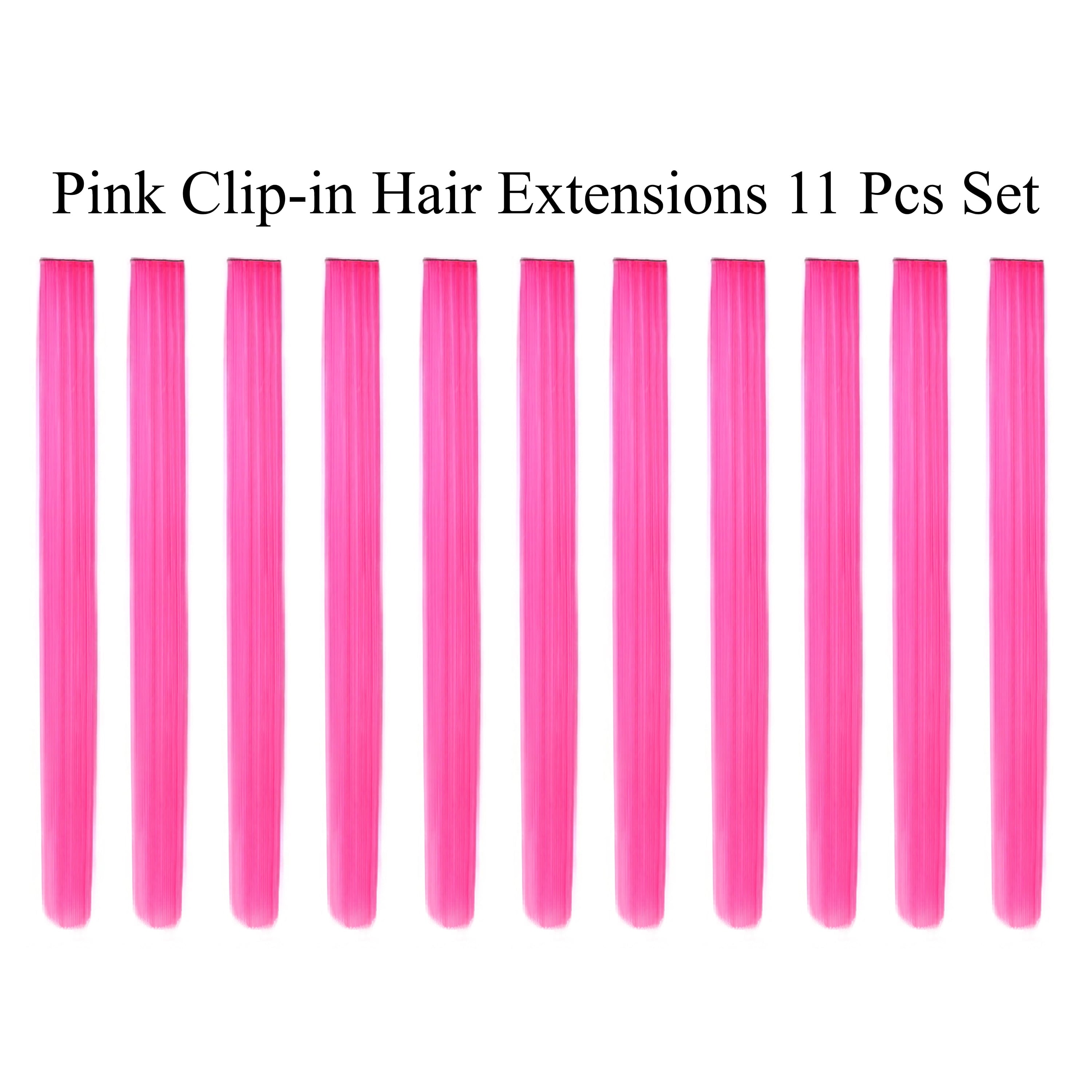 Beaute Galleria Single Color 21 inches Long Straight Party Highlights Clip In Synthetic Hair Extensions, Costume Cosplay, 11 Pack (Pink)