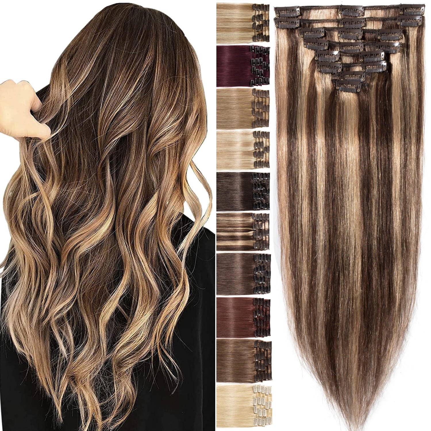 Benehair 100% Real Remy Human Hair Extensions Clip In 8Pcs Hair Weft Full Head Women Highlight Blonde Hair