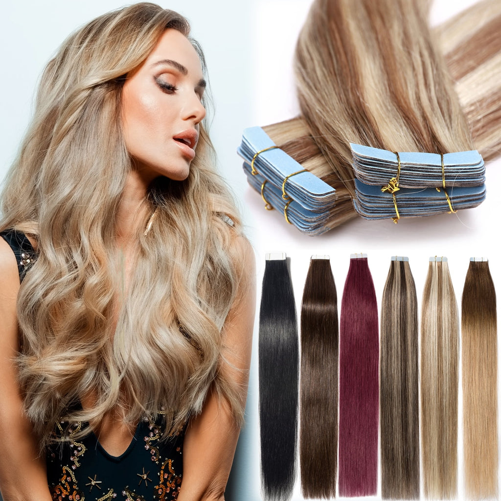 In 100% Real Remy Human Hair Extensions 18inch Seamless Skin Weft Thick Glue Straight Women Brown 10-20pcs
