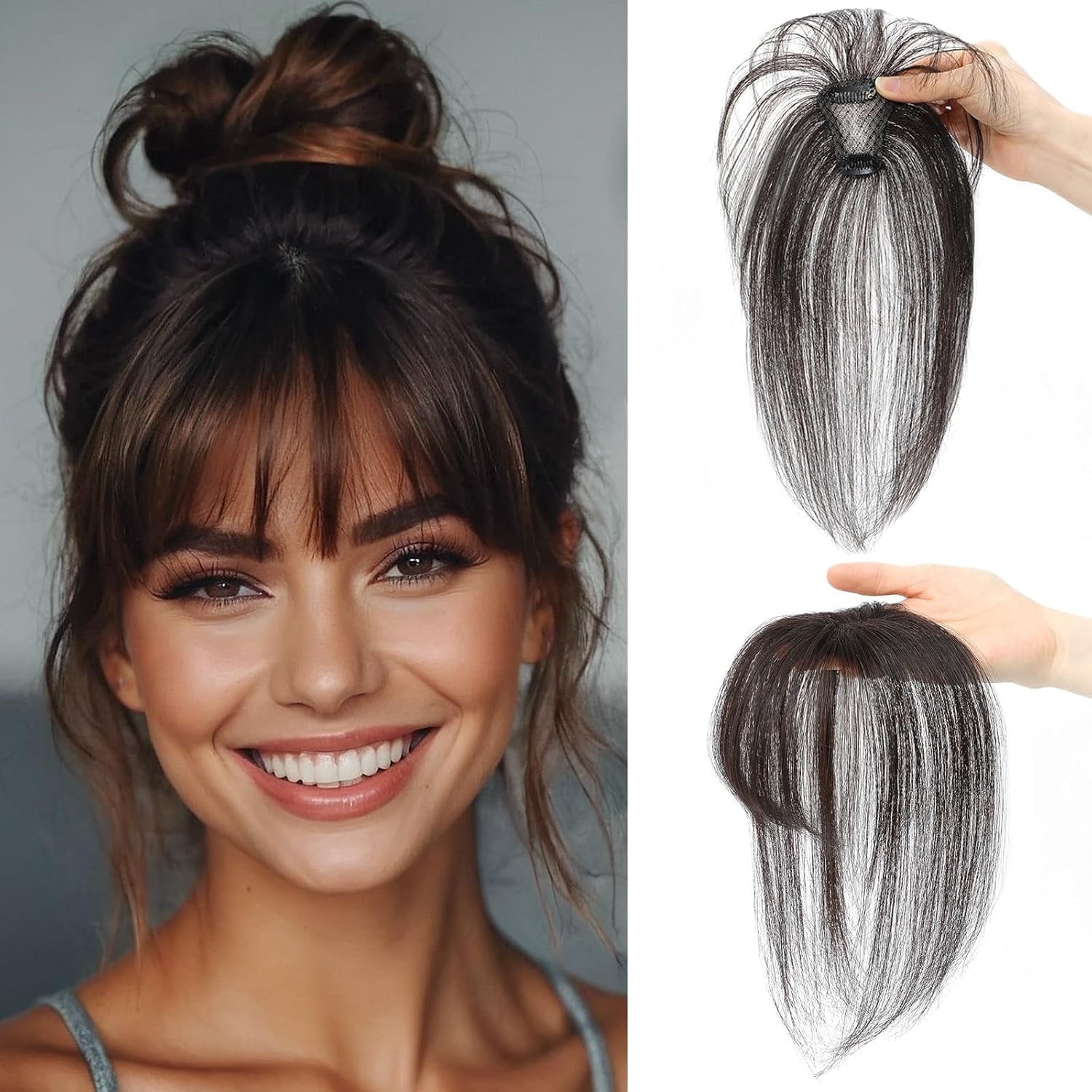 The Clip in Bangs 100% Real Human Hair Toppers Wispy Bangs 360°3D Cover Bangs Hair Clip Fake Bangs Hair Extensions for Women Hair Pieces Cli