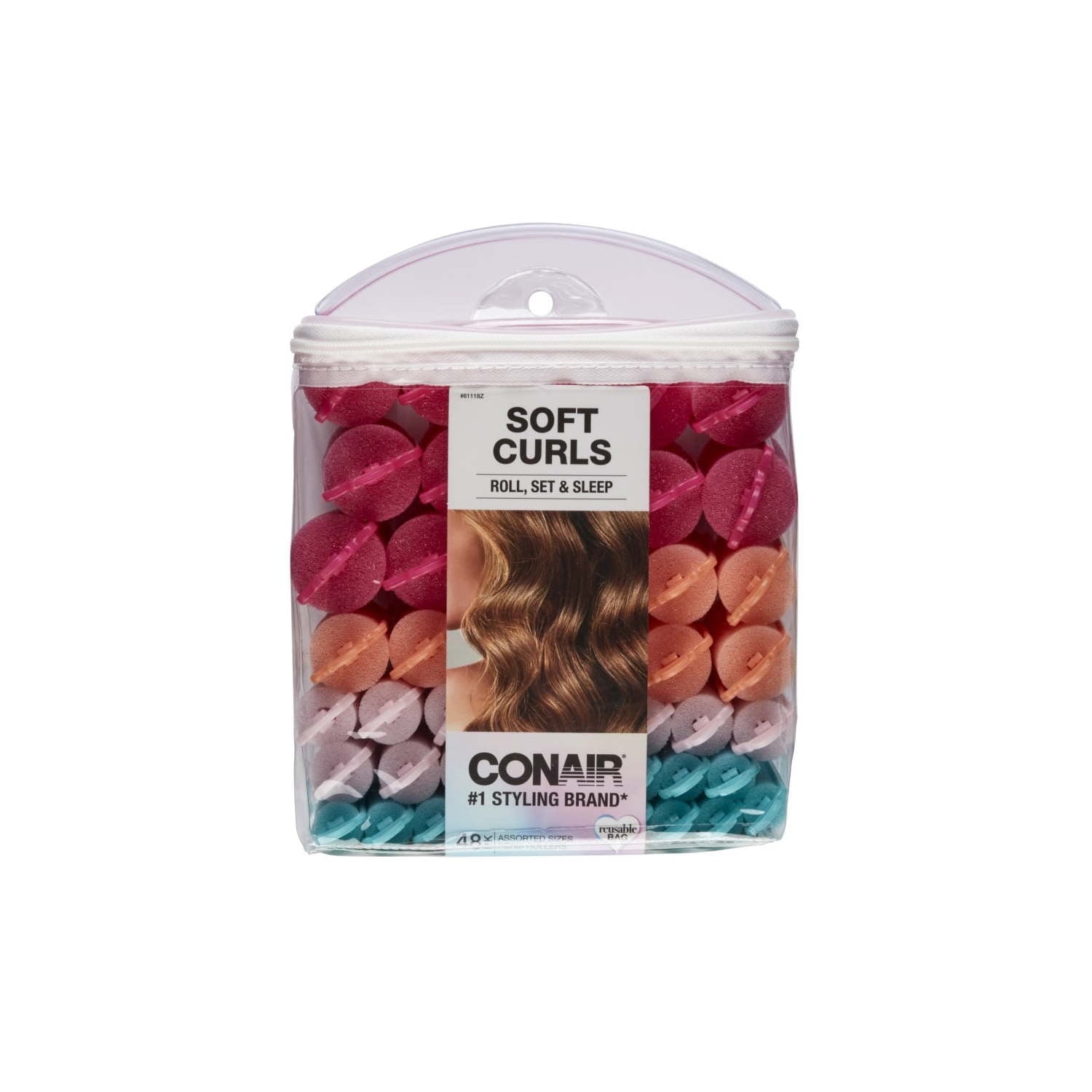 Conair Foam Self-Fastening Rollers, Assorted Sizes, Zipper Case, Neon Colors, 48 Count