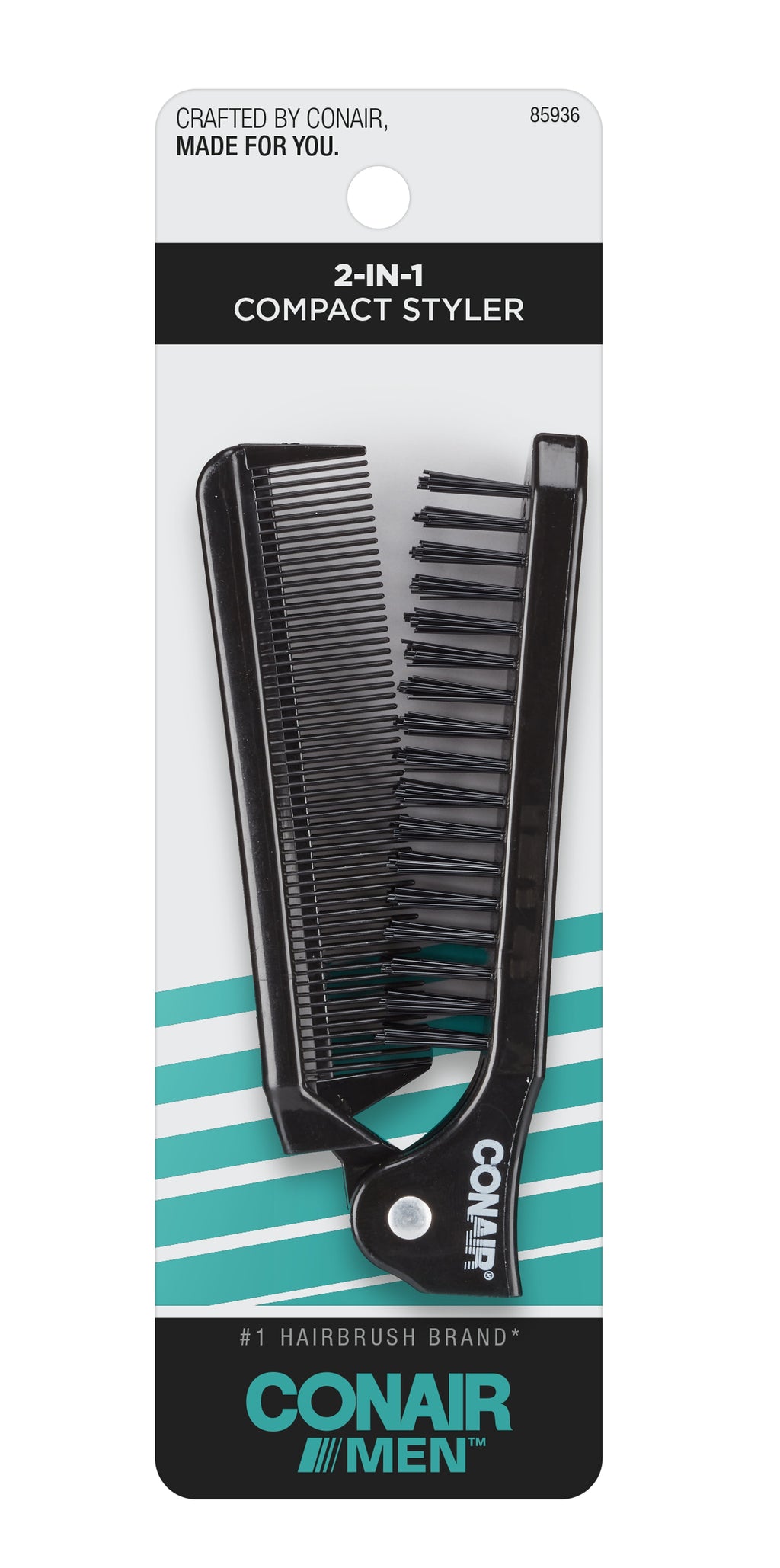 Conair Man 2-in-1 Foldable Detangling Brush and Fine Tooth Comb Compact Styler, Black