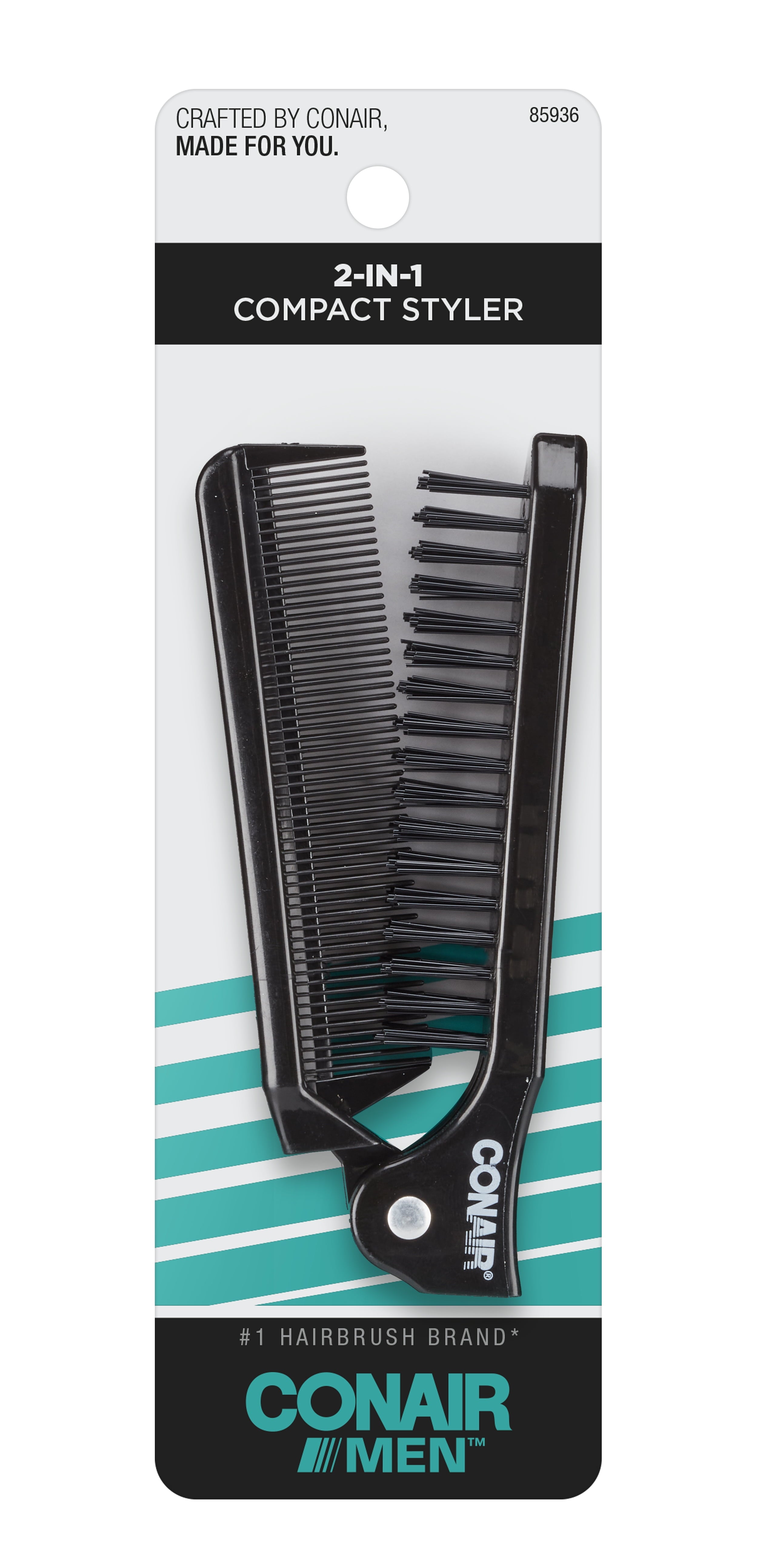 Conair Man 2-in-1 Foldable Detangling Brush and Fine Tooth Comb Compact Styler, Black