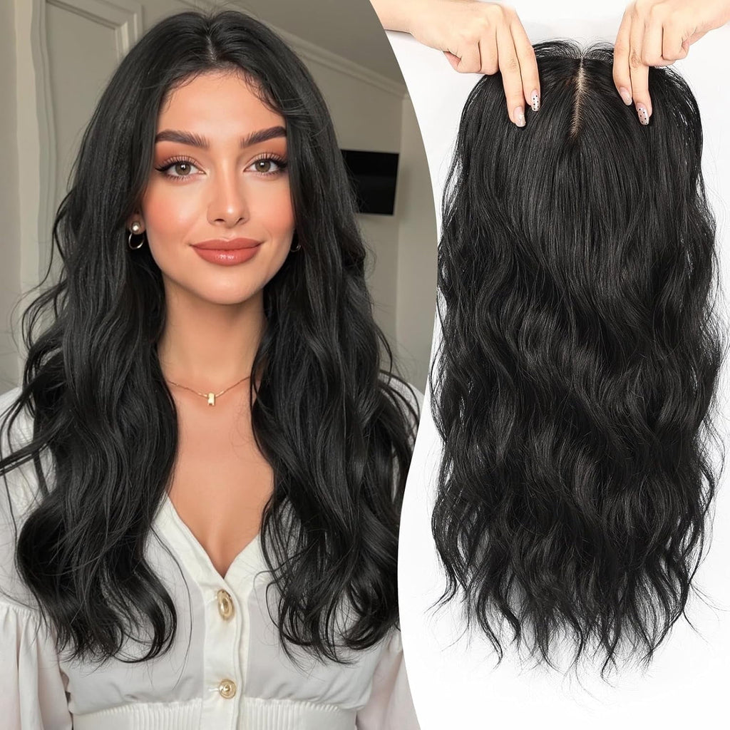 24 Inch Wavy Hair Toppers Long Curly Hair Pieces with 6“ ×6.5” Large Base Central Lace Clip In Hair Extensions for Wo...