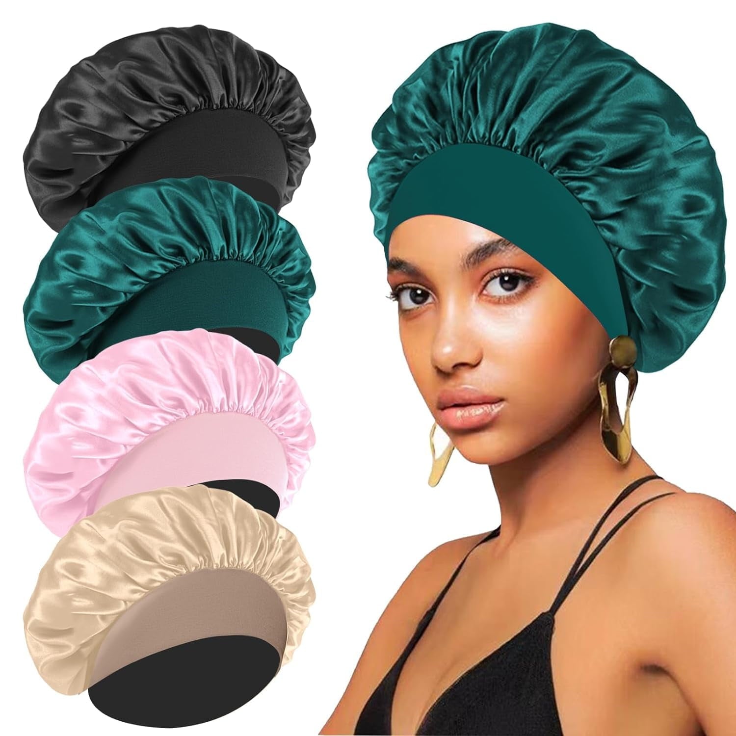 Bets for Black Women - Elastic Wide Band Hair Wrap Cap for Curly Hair - Shower Cap for Sleeping (Black, Peacock Blue,...