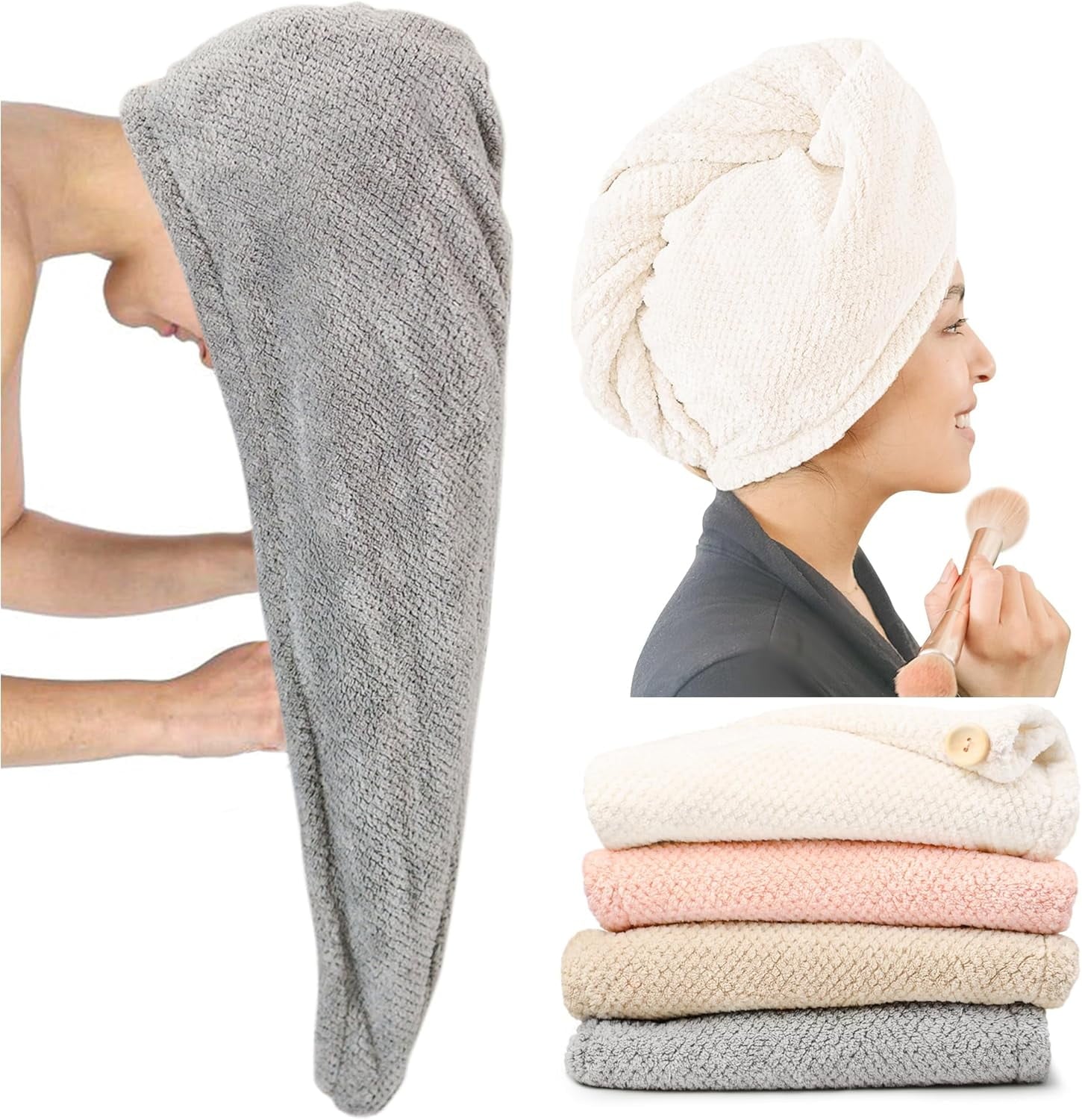 Extra Large 4 Pack Microfiber Hair Towel Wrap for Women Super Absorbent & Quick Dry Hair Drying Towels with Button, H...
