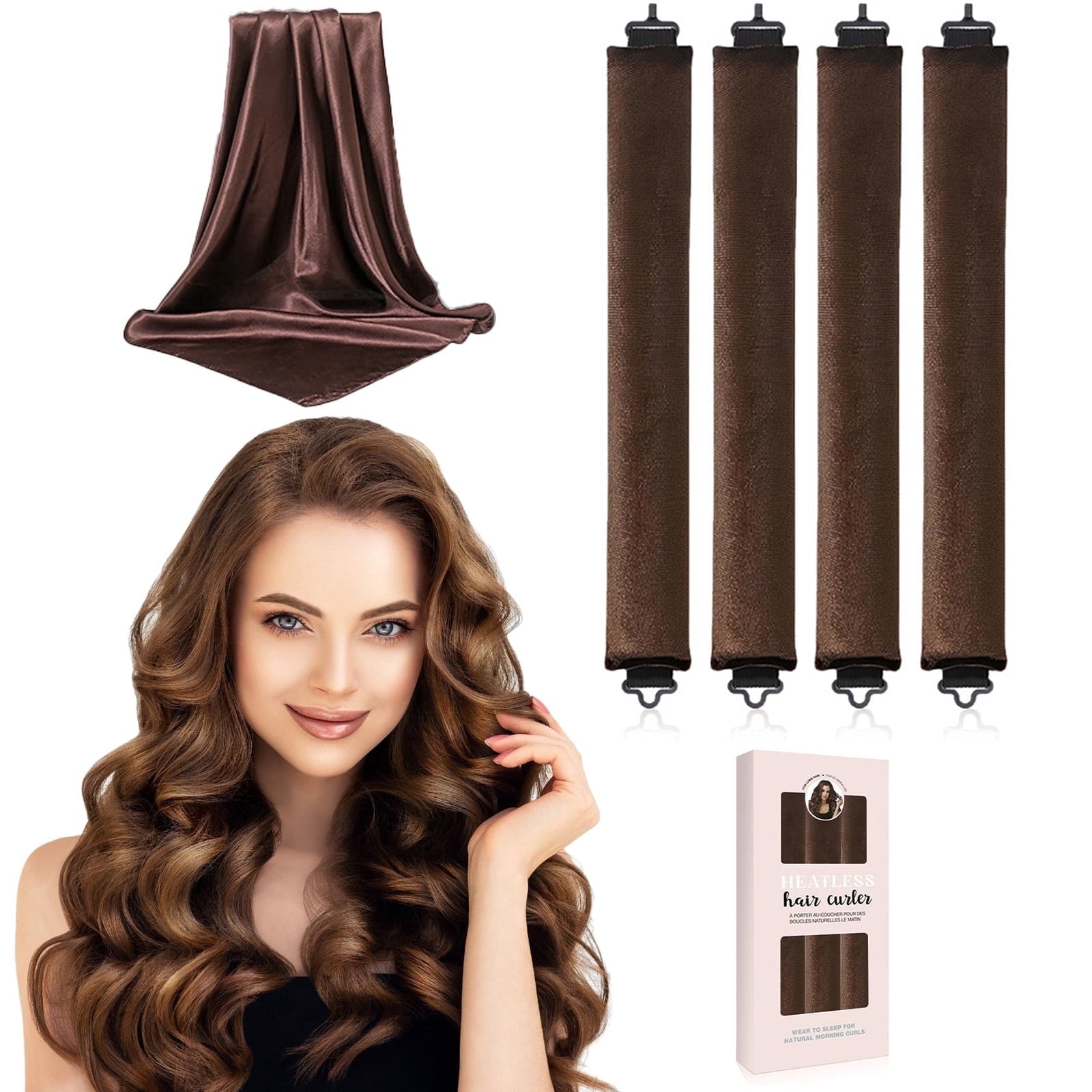 Overnight Hair Curler - 4 Pcs Curling Rod to Sleep In, Velvet Hair Rollers with Satin Hair Scarf