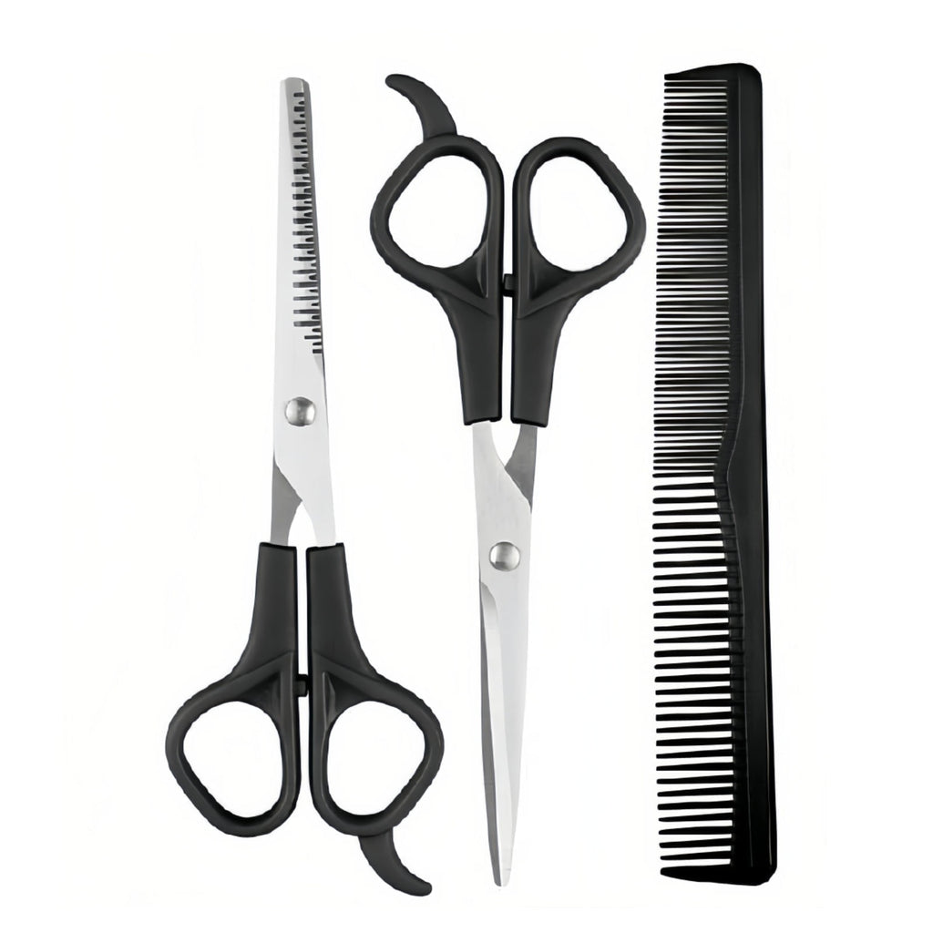 Hair Cutting Scissors Set 3pcs (Straight+Thinning+Comb) Stainless Steel Home Grooming