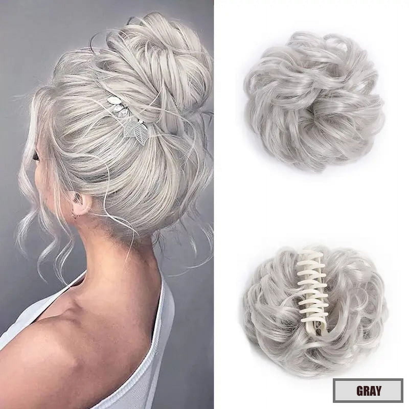 Haobuy Claw Clip Messy Bun Hairpiece, Wavy Curly Messy Hair Bun Extensions Claw Clip for Women Girls-Light Gray