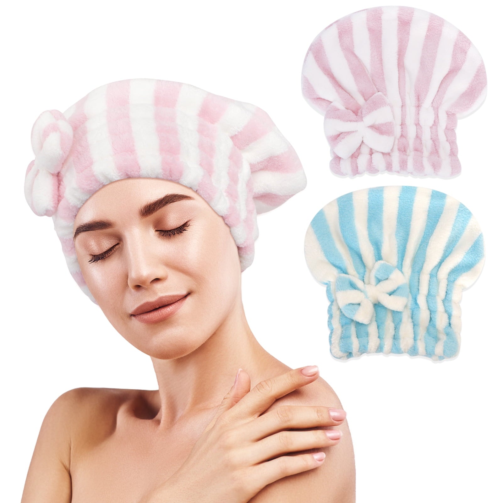 Homelove 2 Pack Microfiber Hair Drying Towels, Super Absorbent Turban Hair Towel Cap, Quick Dry Head wrap with Bow-Knot Shower Cap for for C