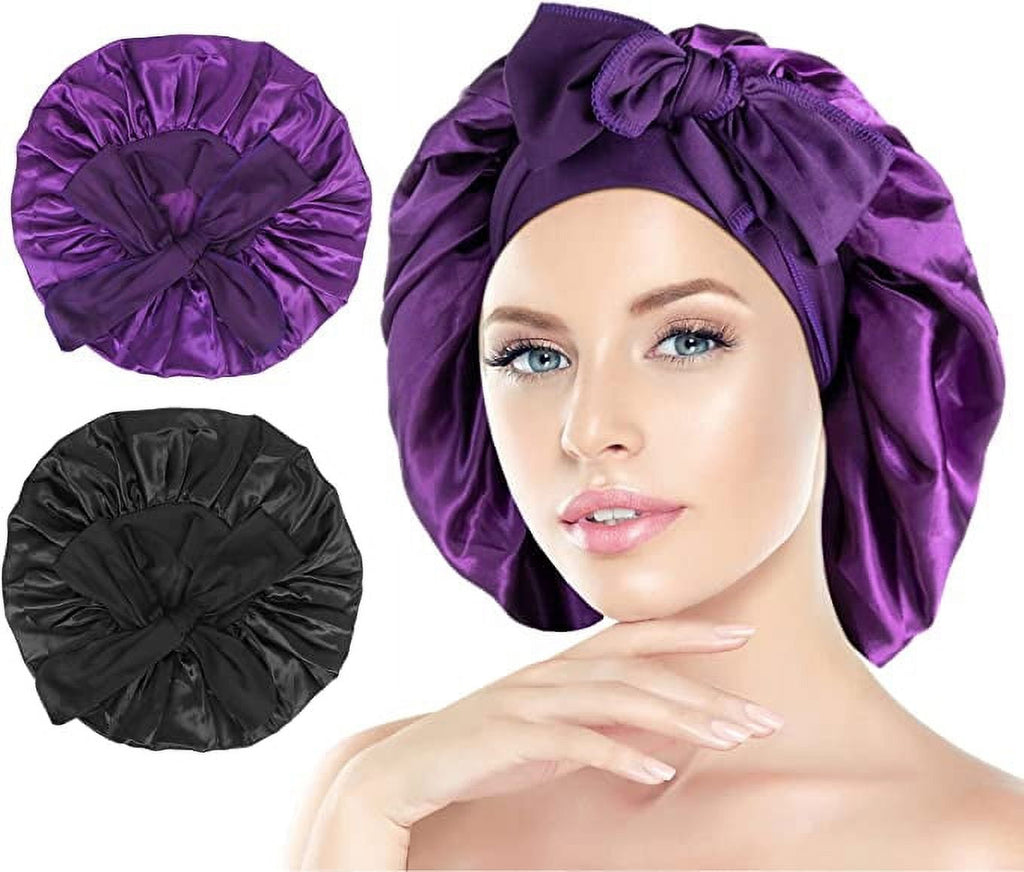 [Pack of 2 Satin Sleeping Bonnet, Large Satin Sleep Bonnet with Long Strap, Adjustable Sleep Cap Hair Bonnet for Women & Men, Black+Purple