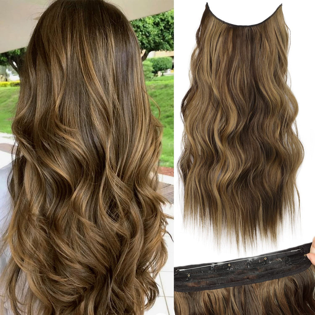 Invisible Wire Hair Extensions with Transparent Headband Adjustable Size 4 Secure Clips Long Wavy Highlight Hairpiece 20 Inch Balayage Choco