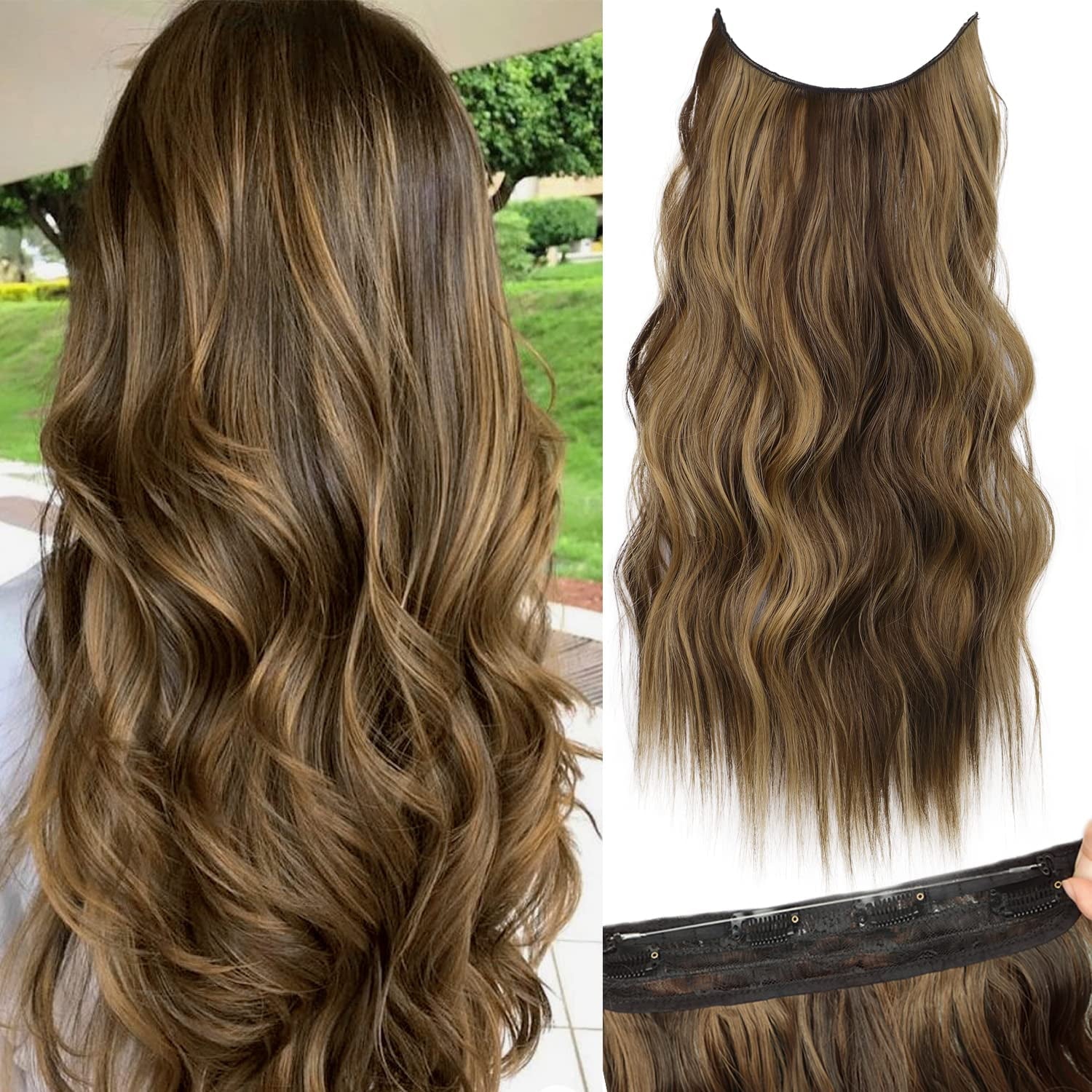 Invisible Wire Hair Extensions with Transparent Headband Adjustable Size 4 Secure Clips Long Wavy Highlight Hairpiece 20 Inch Balayage Choco