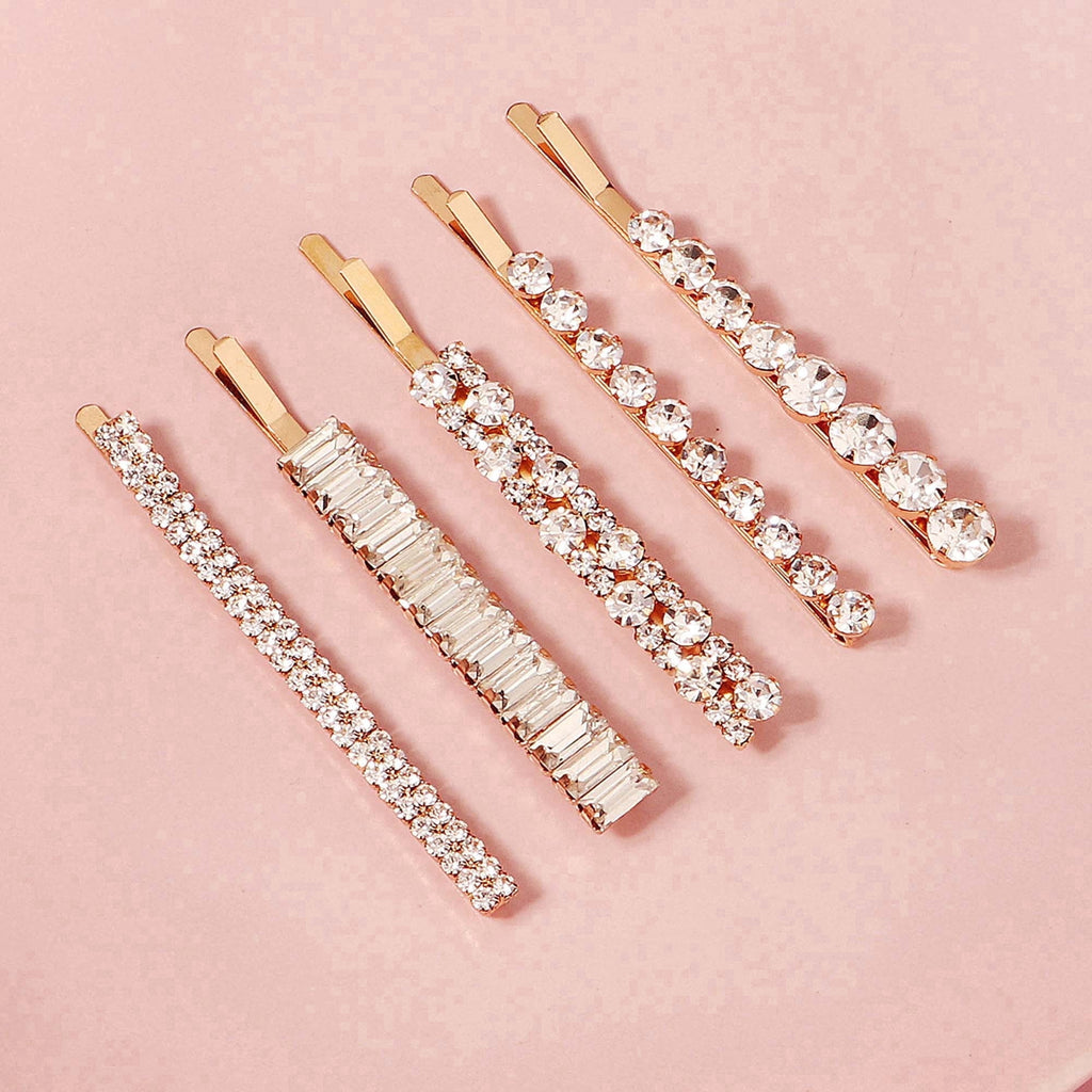 Miallo 5-Piece Gold Rhinestone Bobby Pin Set, Sparkling Baguette and Round Crystal Hair Clips for Women, Elegant Accessory for Wedding, Part