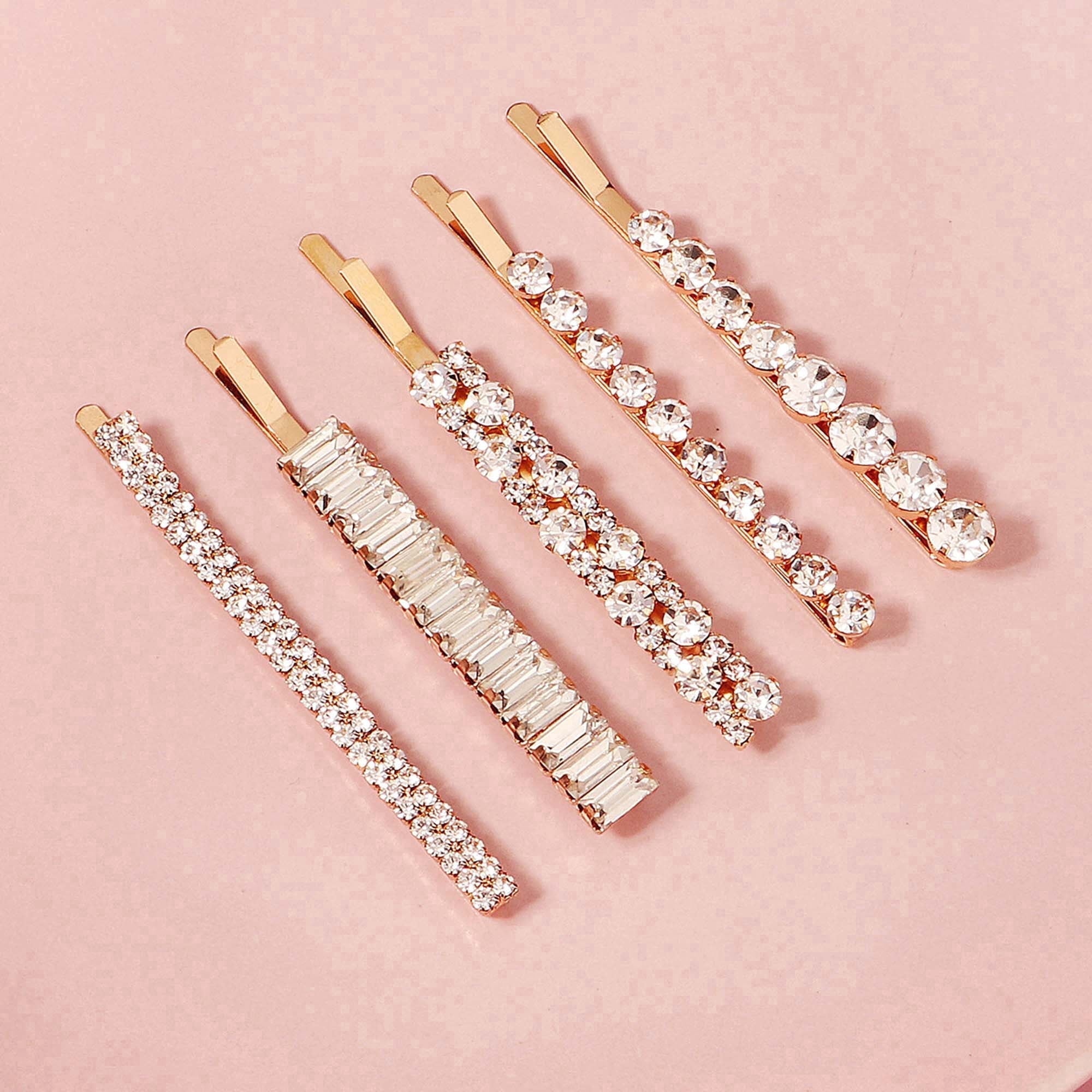Miallo 5-Piece Gold Rhinestone Bobby Pin Set, Sparkling Baguette and Round Crystal Hair Clips for Women, Elegant Accessory for Wedding, Part