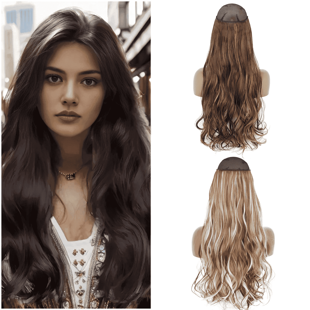 22 Inch Clip-In Hair Extensions - 5-Piece Wavy Synthetic Hair Set, Natural Black for Women, Heat Resistant Fibers