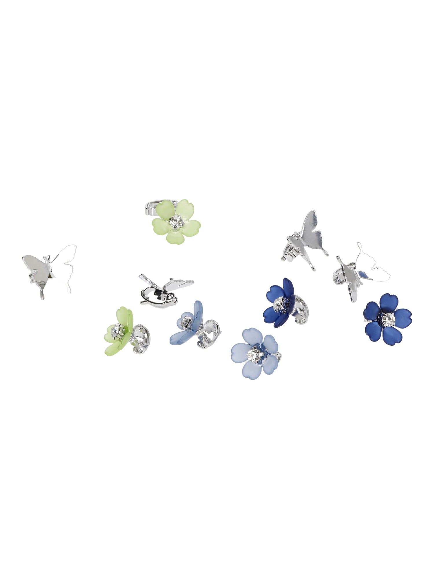and Flower Mini Hair Claw Clips Set, 10-Piece, Women's, Blue/Silvertone