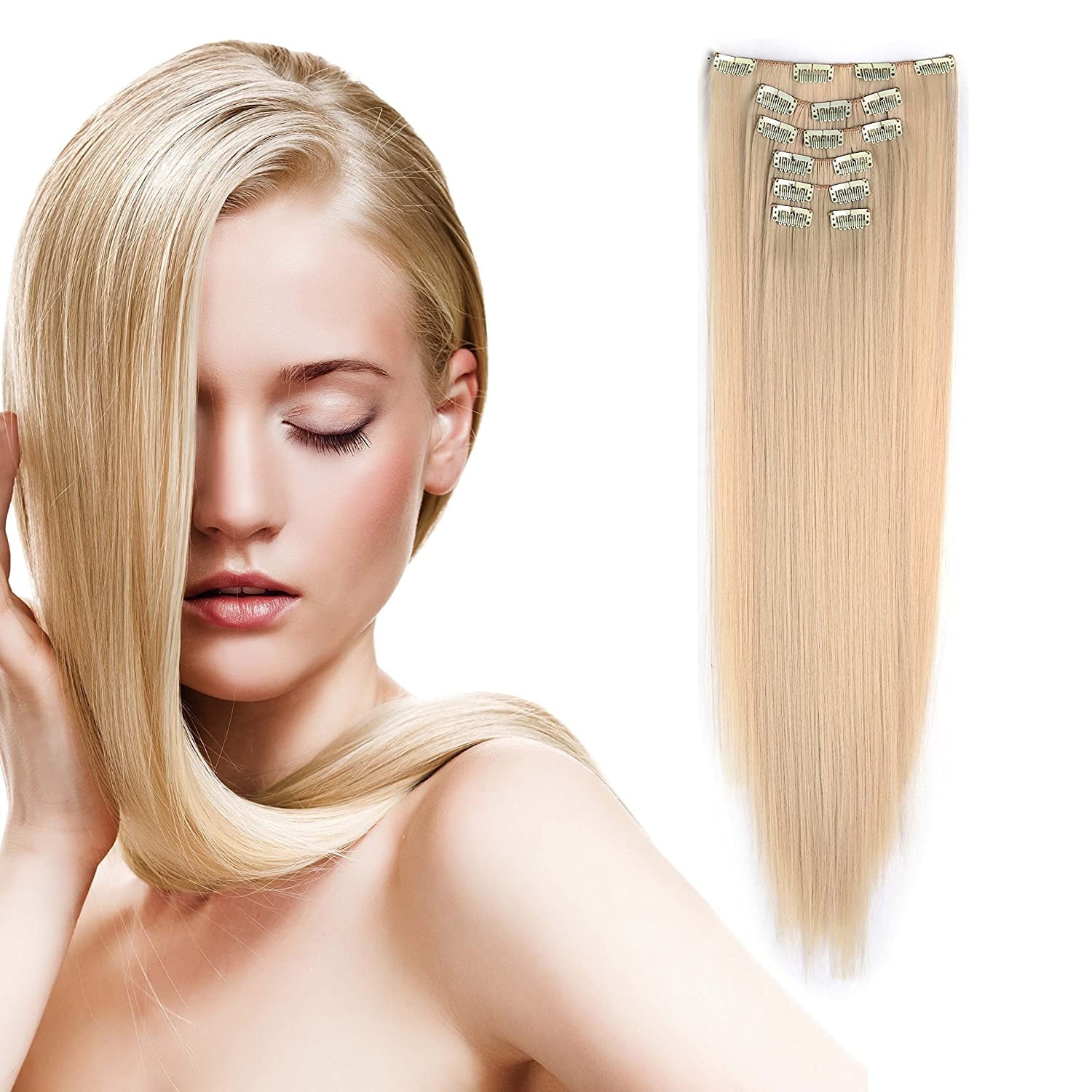 Onedor24" Straight Synthetic Clip in Hair Extensions. 7 individual pieces for multiple styles.140g (613#-Pre Bleach Blonde)